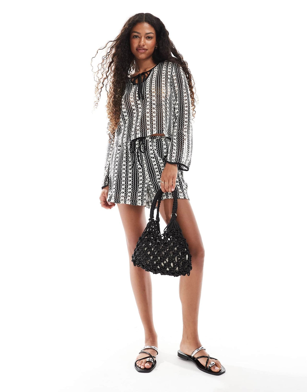 Vero Moda crochet lace shorts co-ord in mono stripe