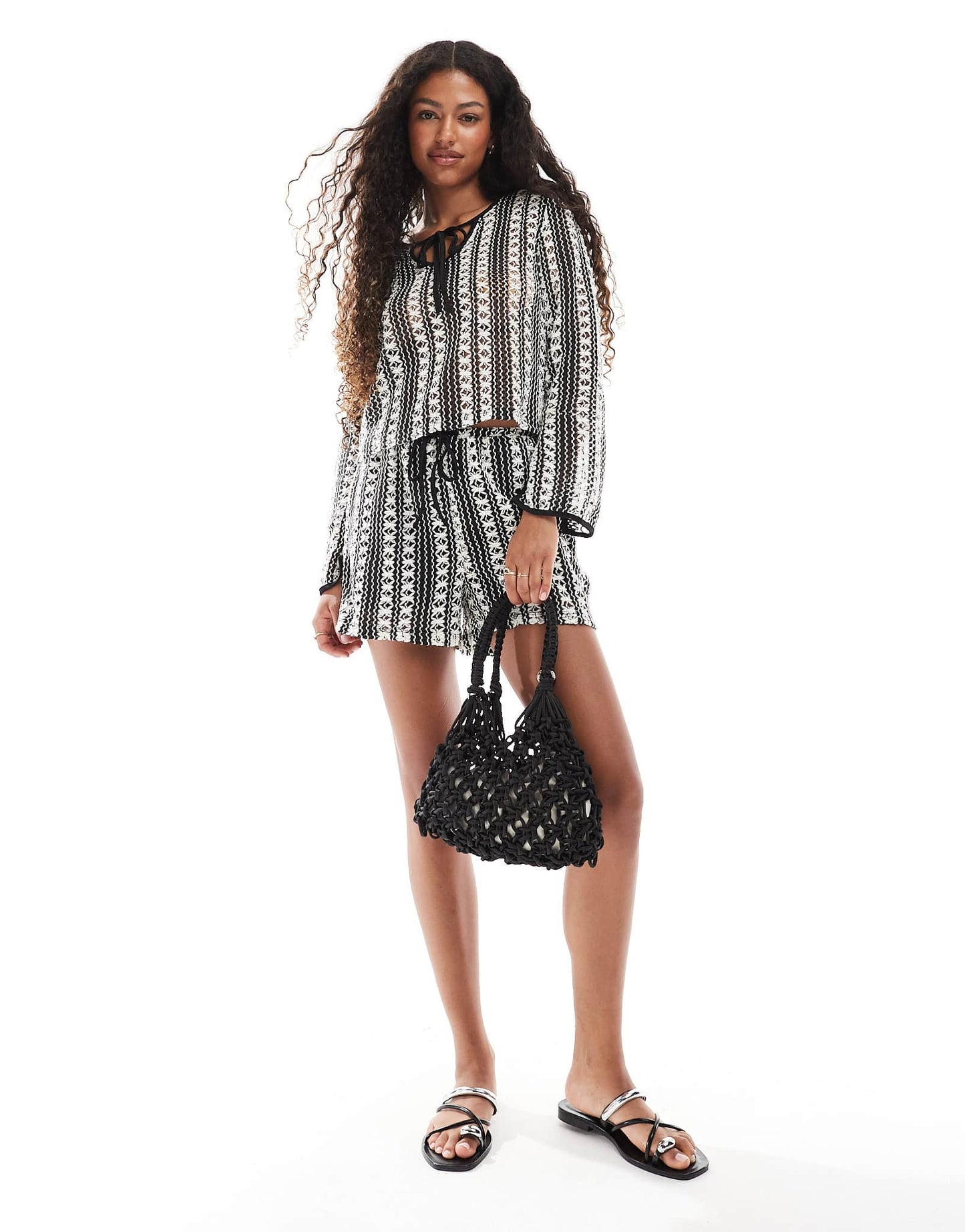 Vero Moda crochet lace shorts co-ord in mono stripe