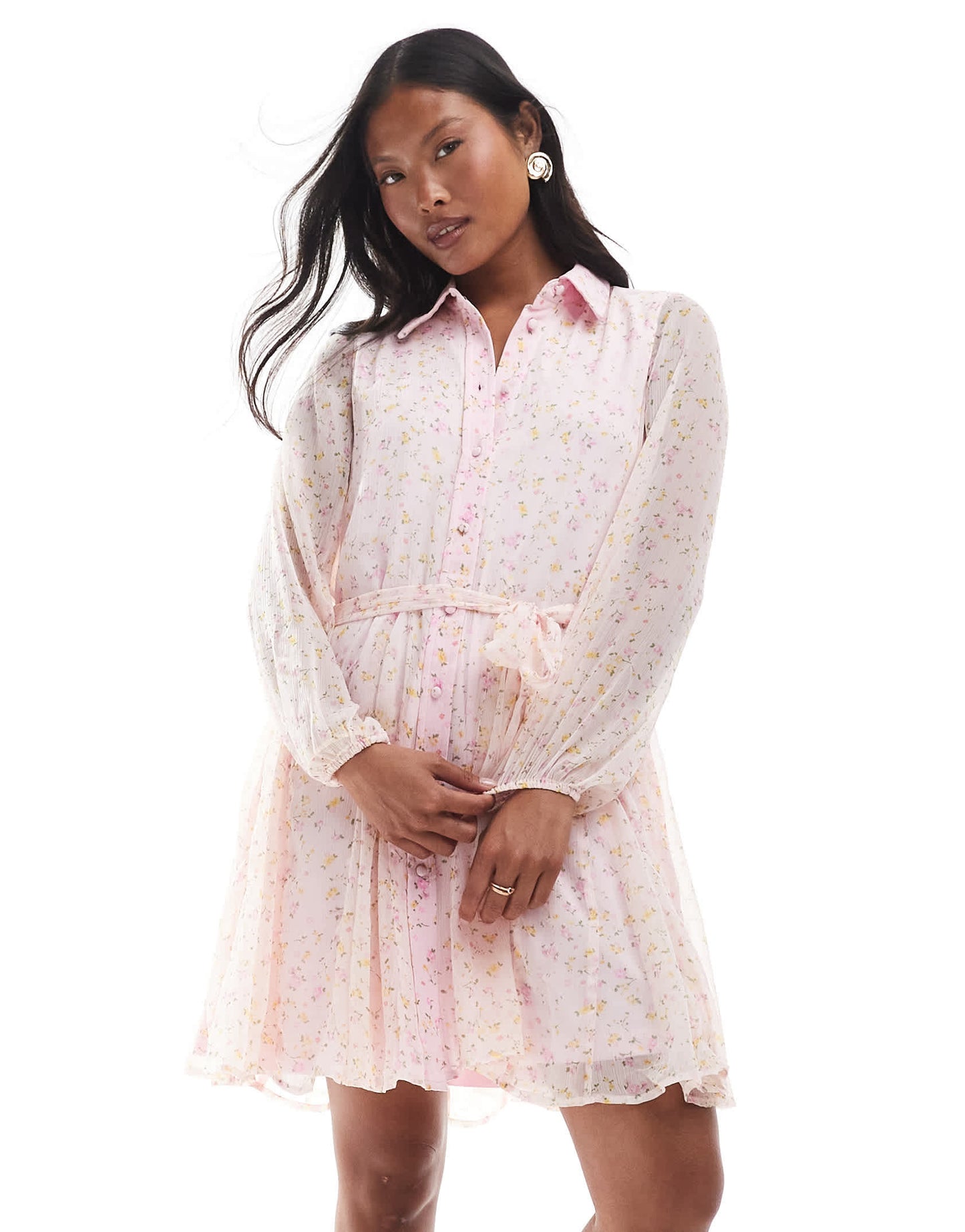 Vero Moda Petite Smilla flippy belted shirt dress in pink ditsy floral