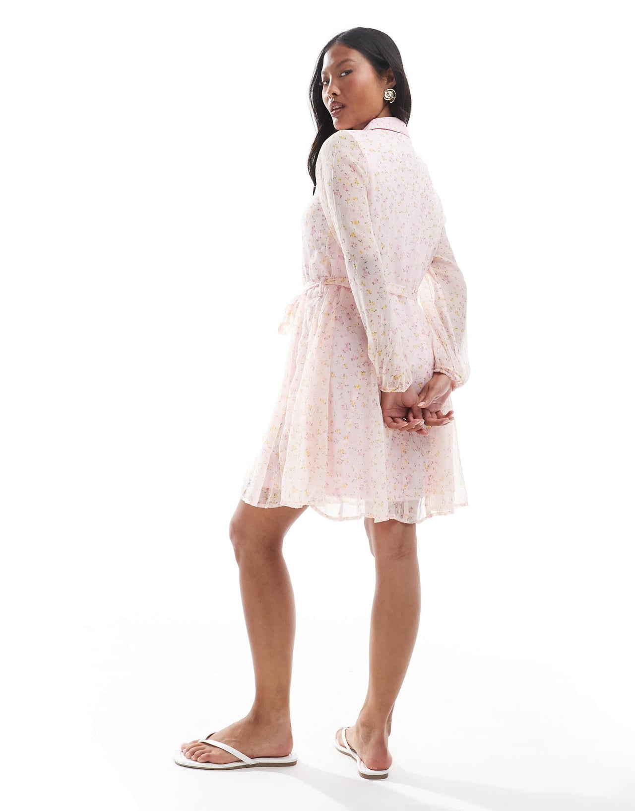 Vero Moda Petite Smilla flippy belted shirt dress in pink ditsy floral