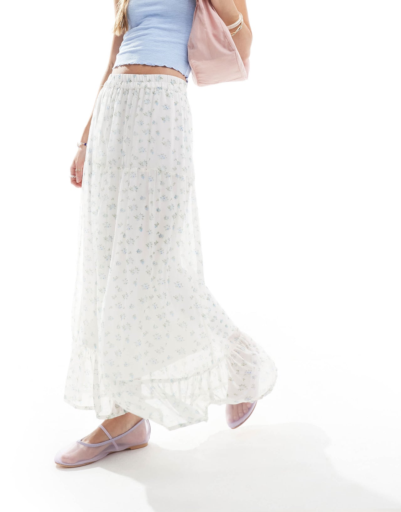 Vero Moda Smilla tiered midi skirt in blue ditsy floral