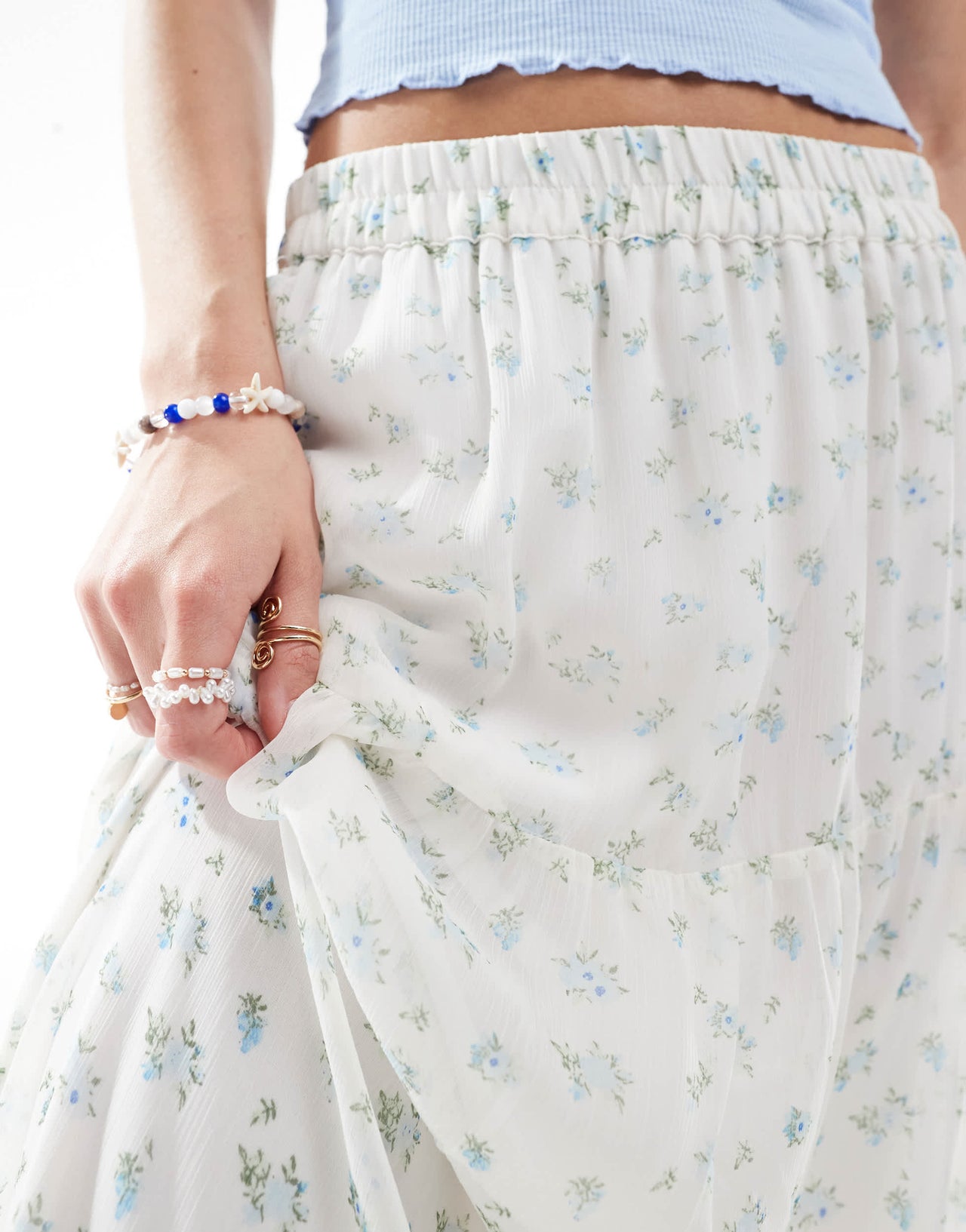 Vero Moda Smilla tiered midi skirt in blue ditsy floral