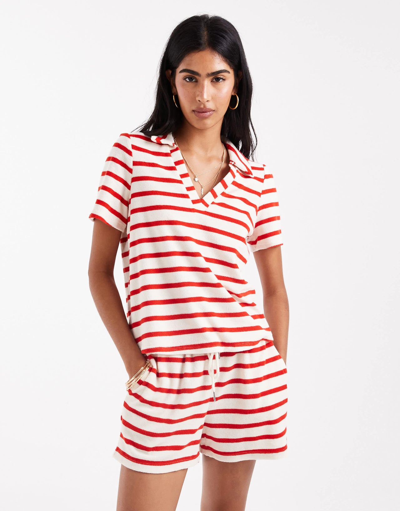 Vero Moda towelling polo t-shirt co-ord in red stripe