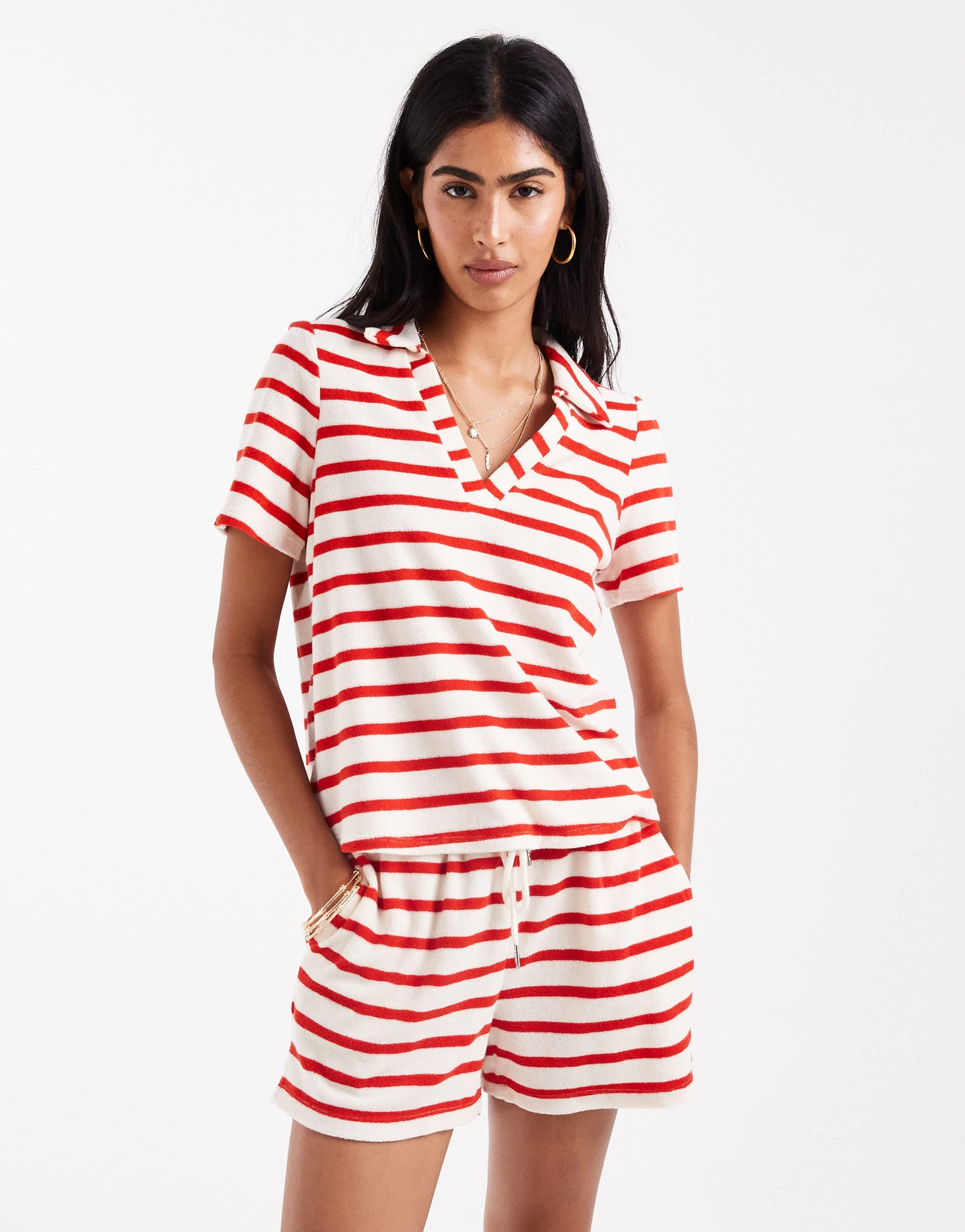 Vero Moda towelling polo t-shirt co-ord in red stripe