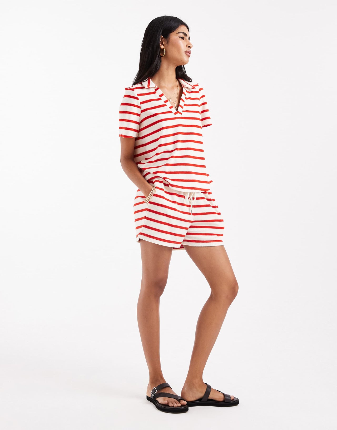 Vero Moda towelling polo t-shirt co-ord in red stripe