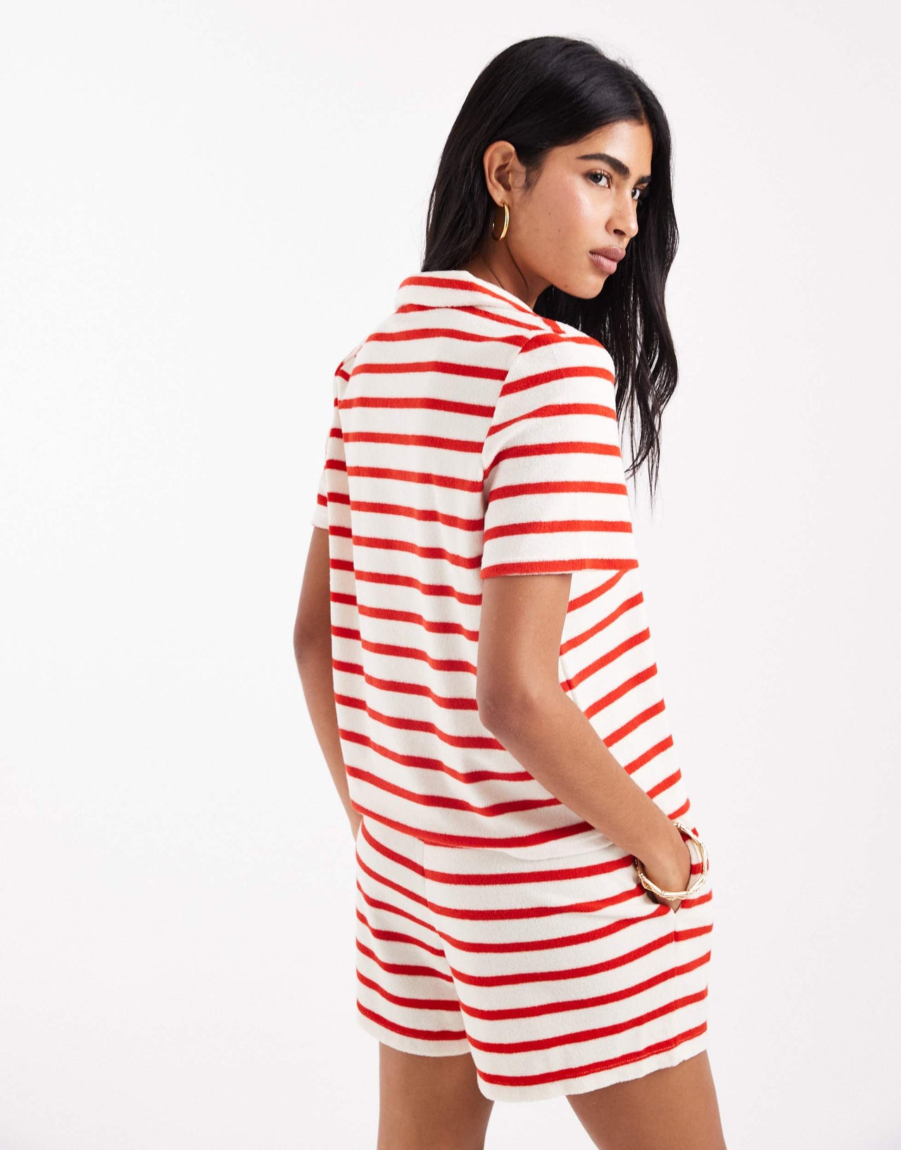 Vero Moda towelling polo t-shirt co-ord in red stripe