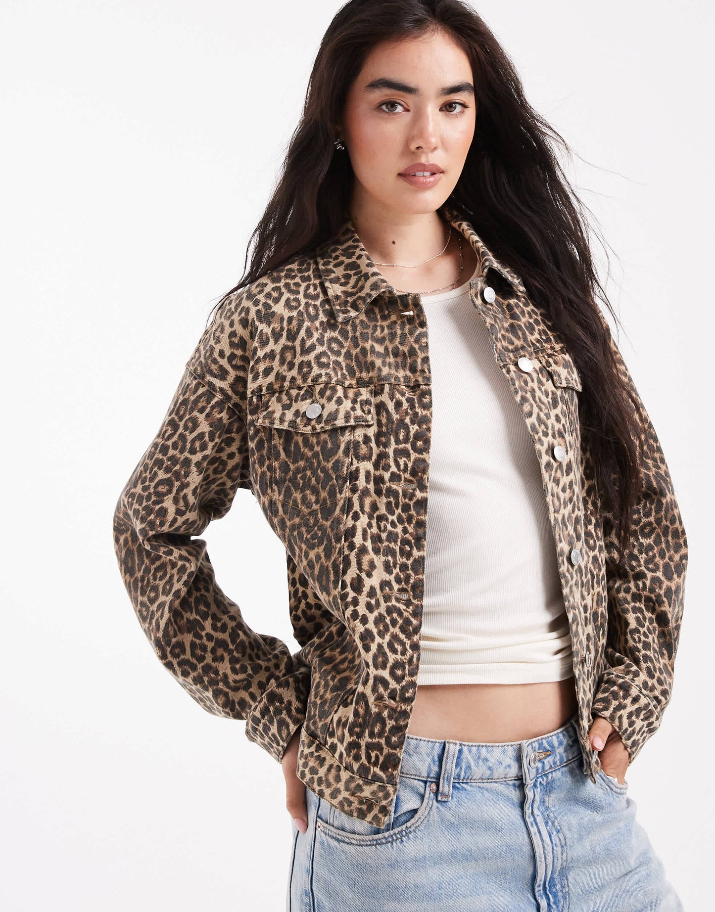 Vero Moda oversized denim jacket in washed leopard print