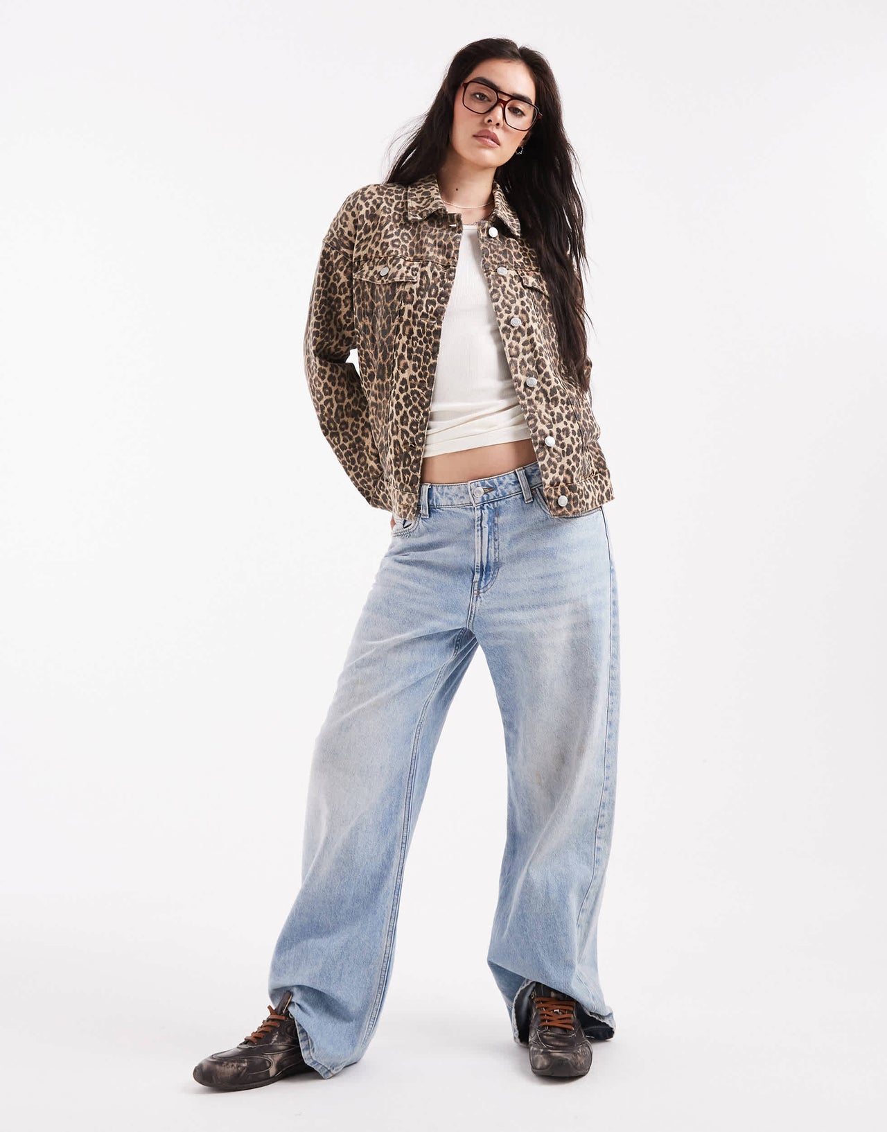 Vero Moda oversized denim jacket in washed leopard print