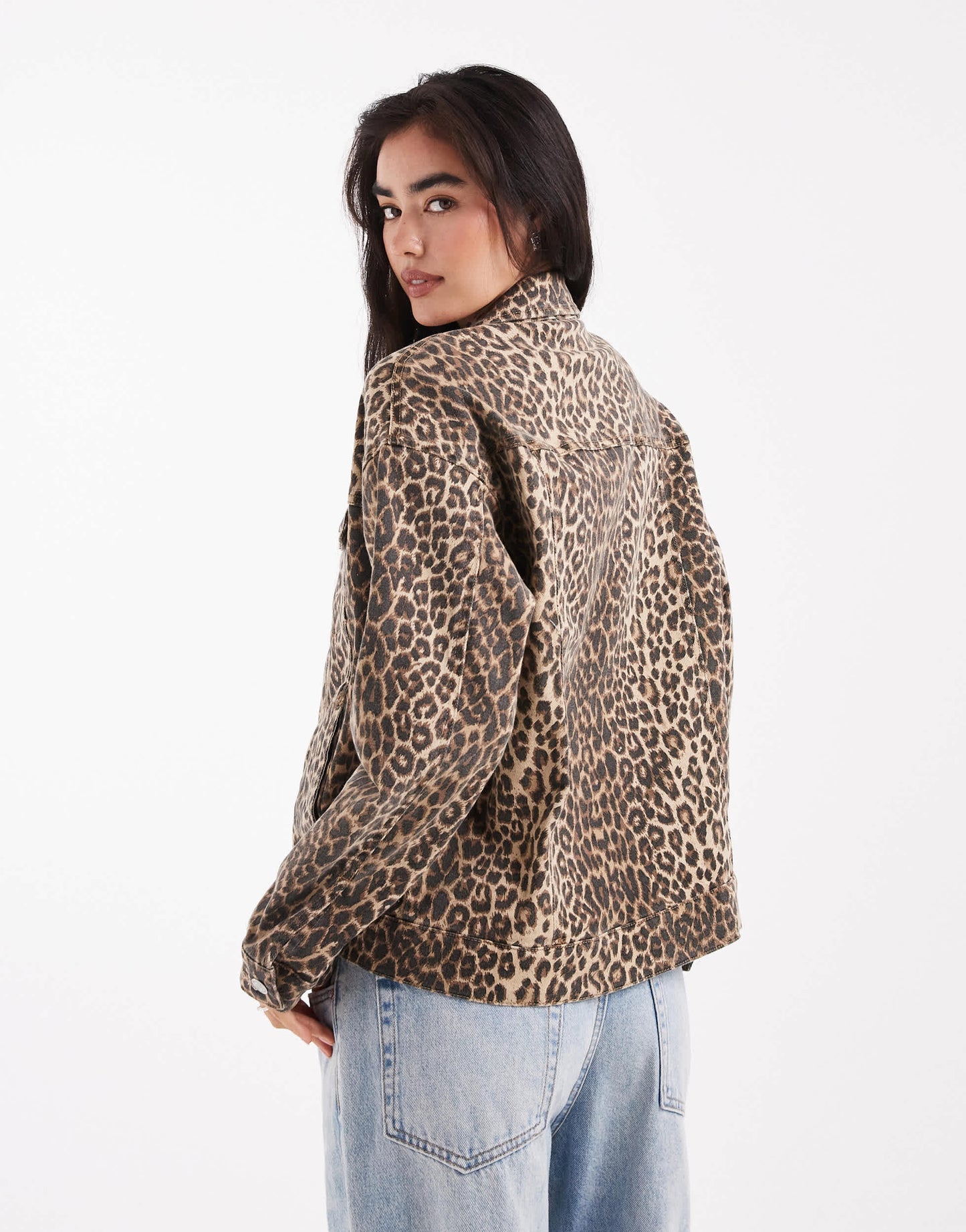 Vero Moda oversized denim jacket in washed leopard print
