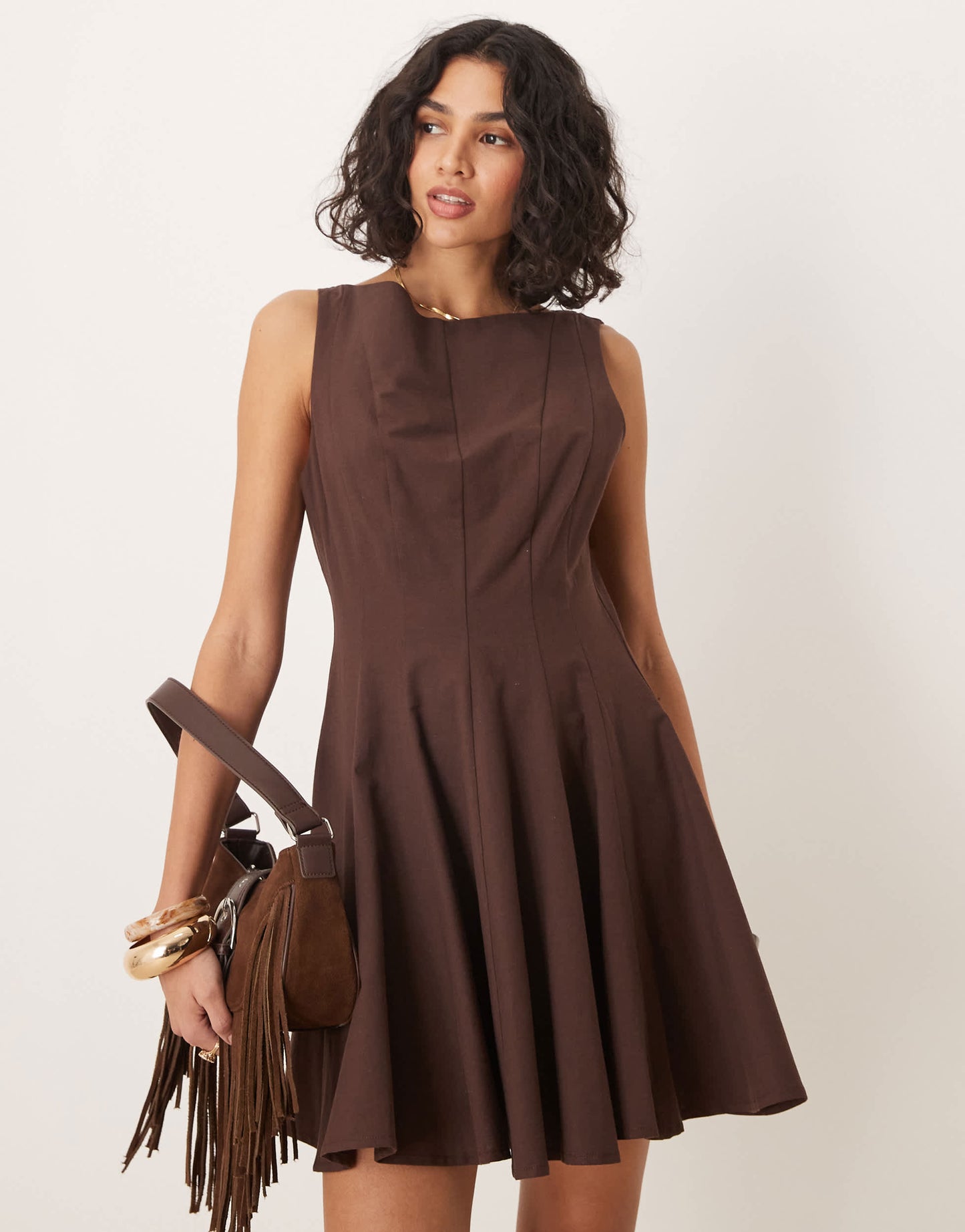 ASOS DESIGN linen blend slash neck seamed fit and flare mini dress in chocolate