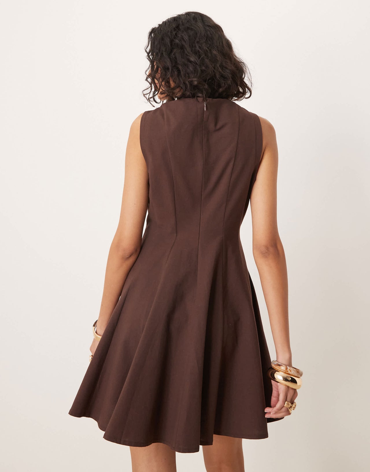 ASOS DESIGN linen blend slash neck seamed fit and flare mini dress in chocolate