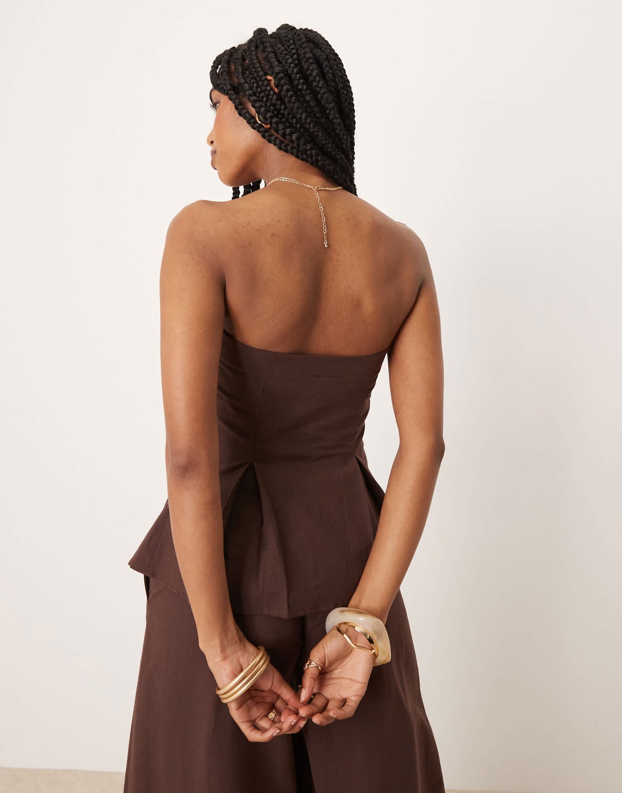 ASOS DESIGN linen blend cinch waist bandeau top in chocolate