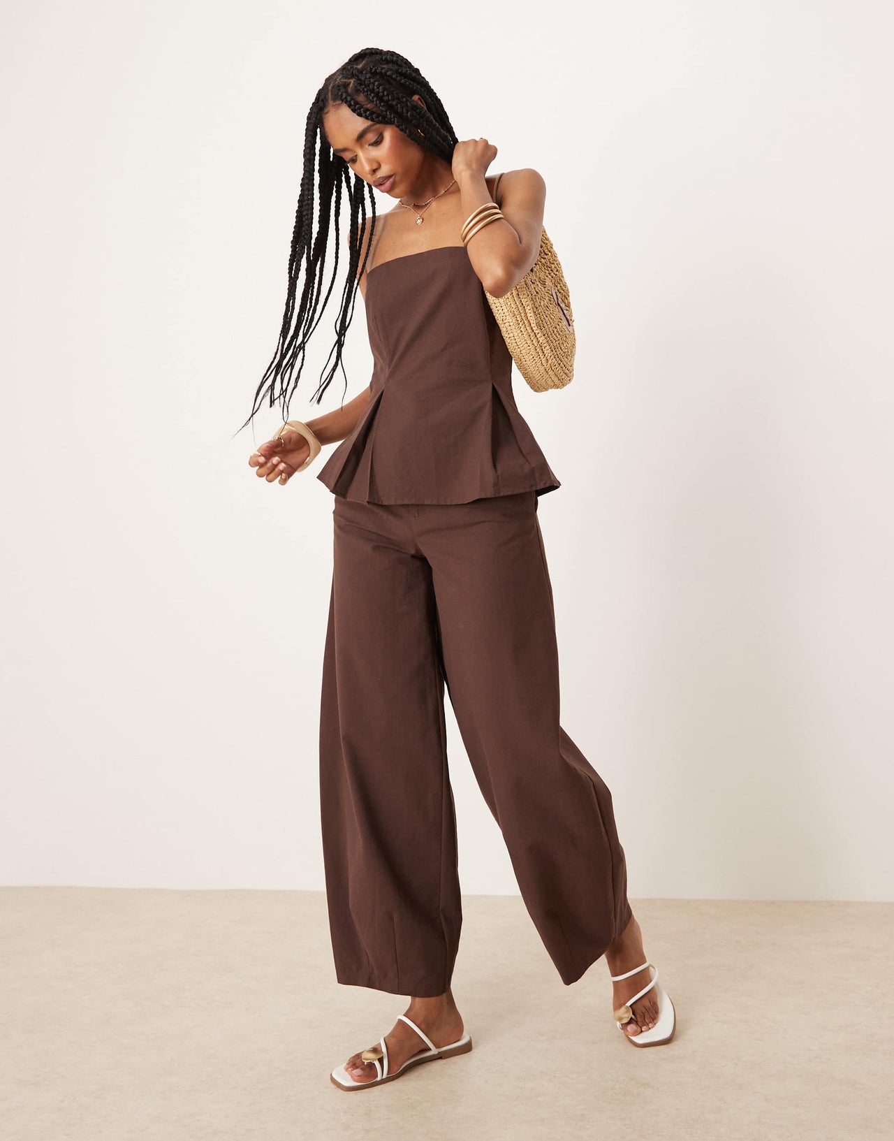 ASOS DESIGN linen blend cinch waist bandeau top in chocolate