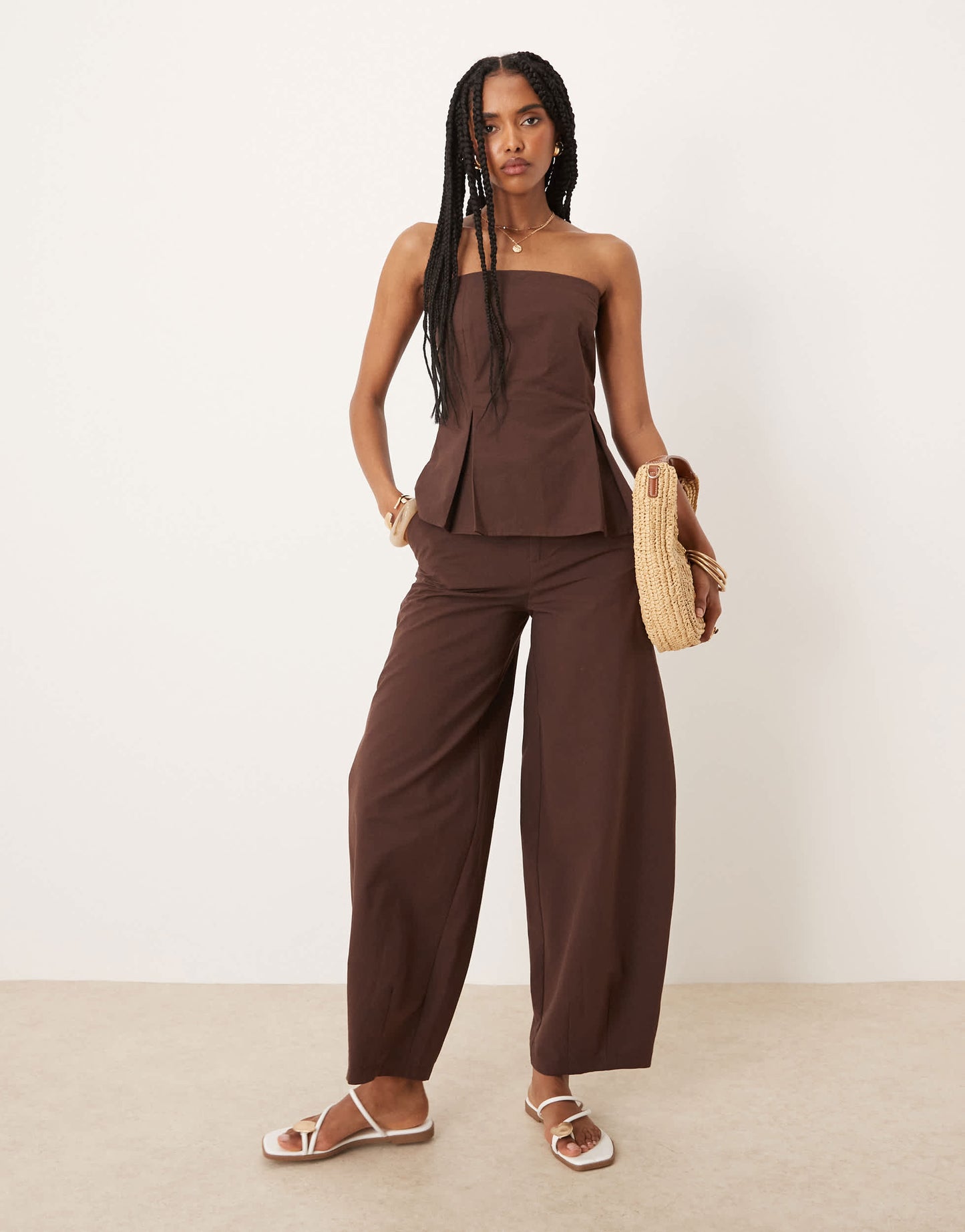 ASOS DESIGN linen blend barrel leg trouser in chocolate
