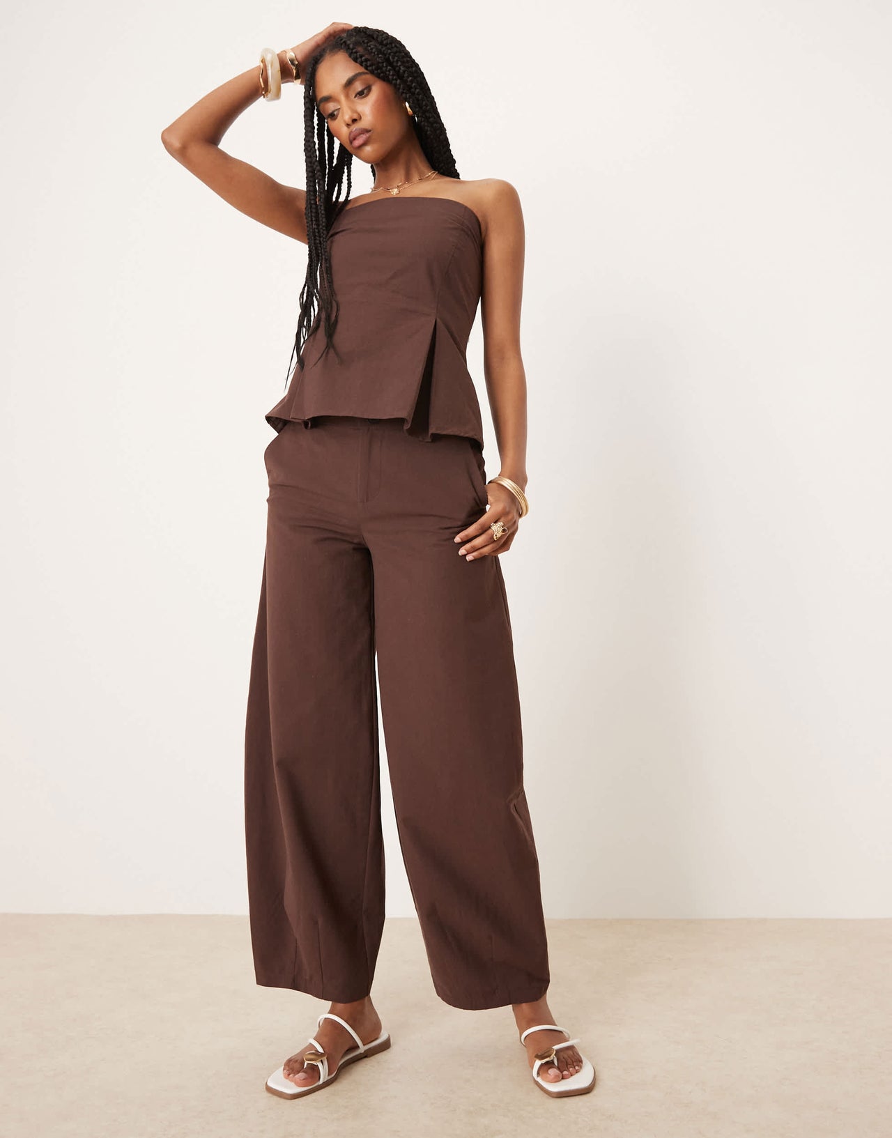 ASOS DESIGN linen blend barrel leg trouser in chocolate
