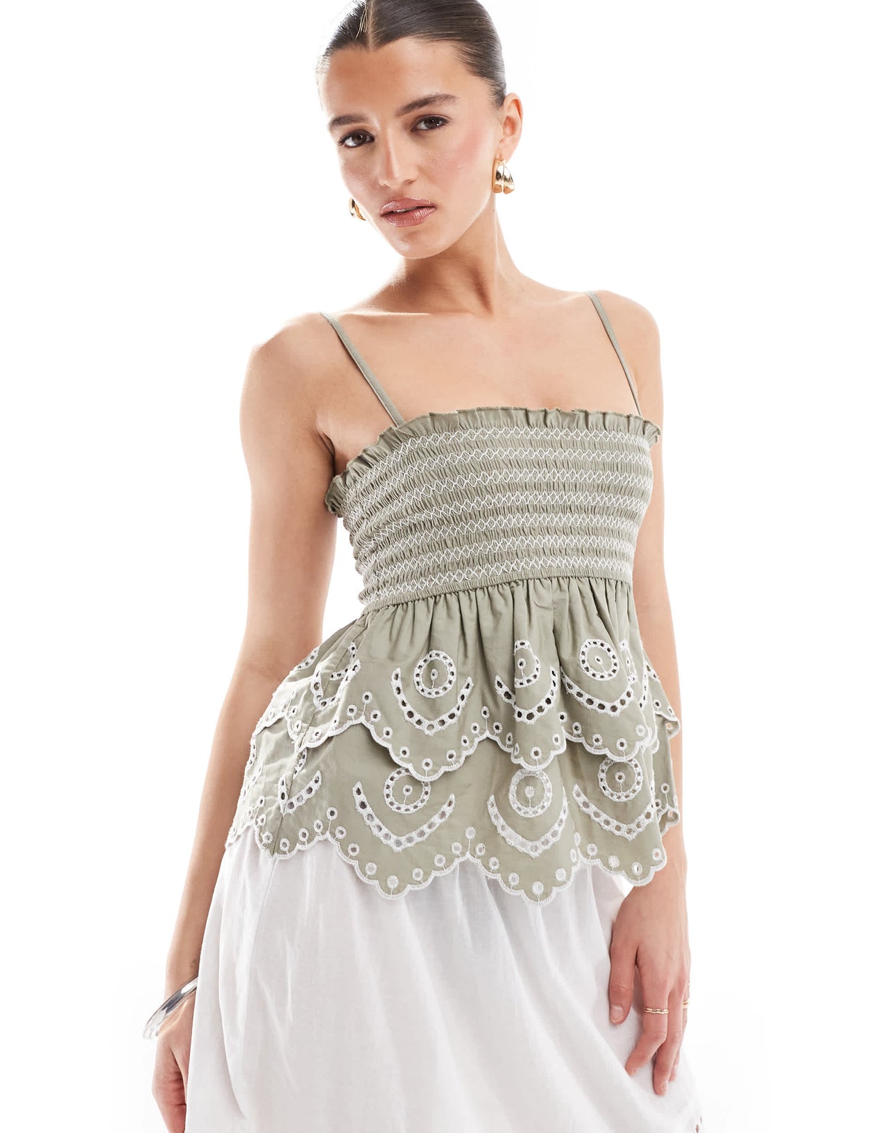 Stradivarius embroidery ruffle cami top in khaki