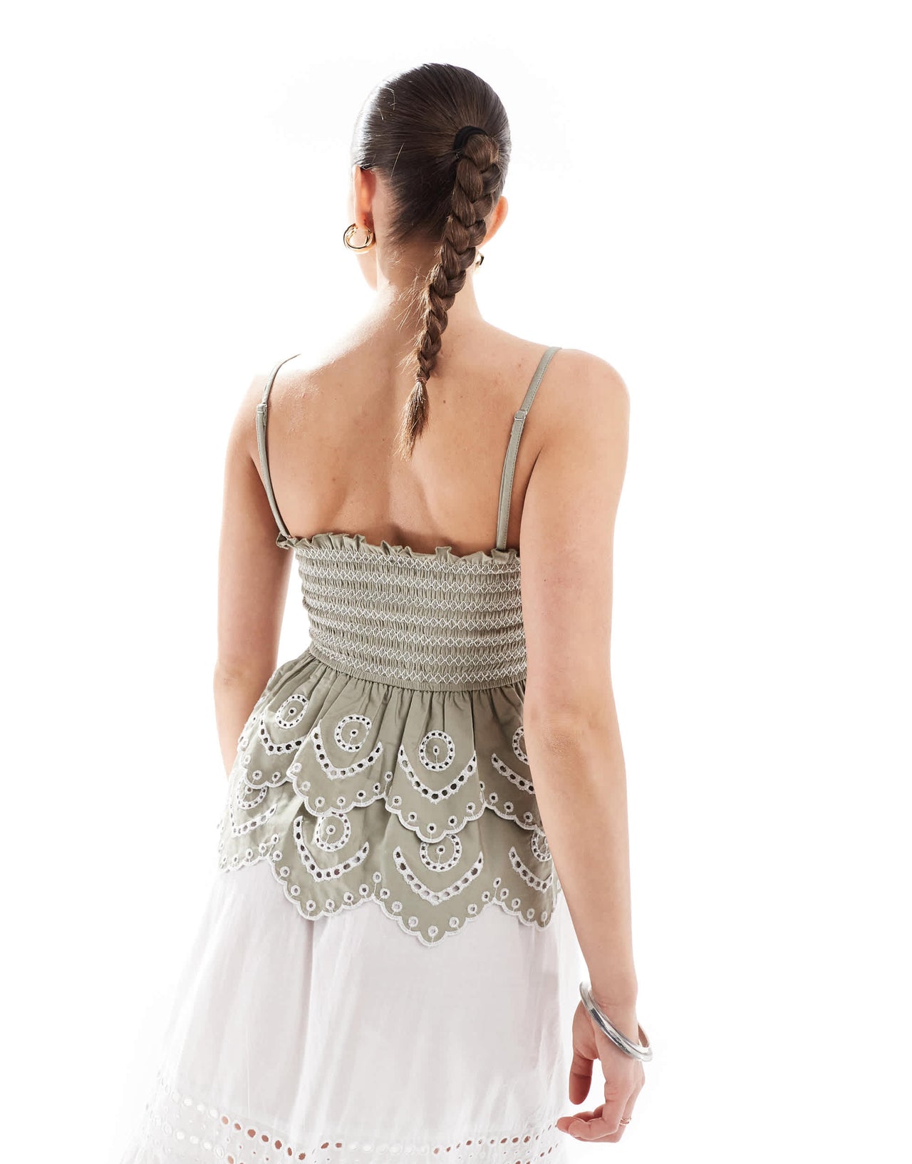 Stradivarius embroidery ruffle cami top in khaki