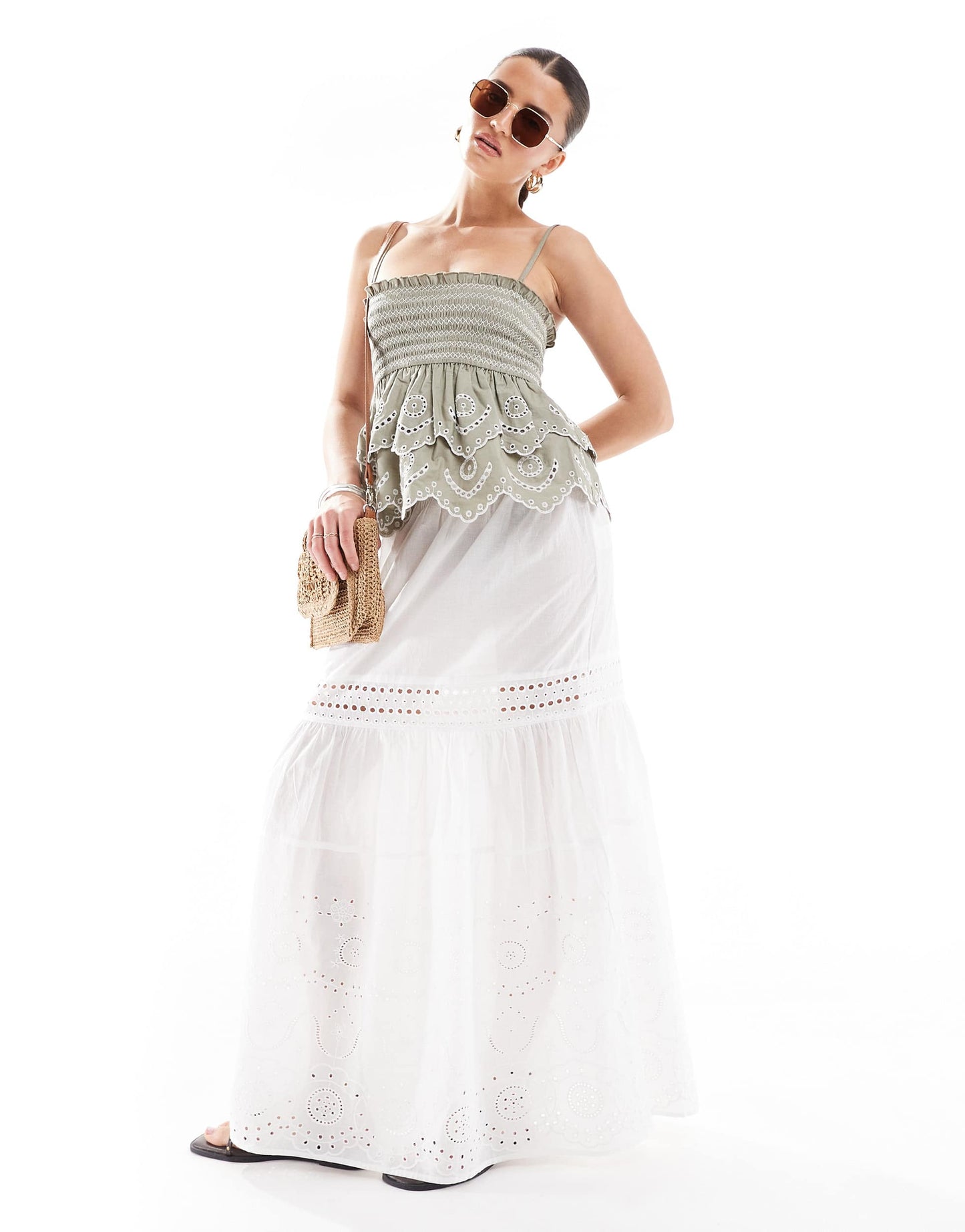 Stradivarius embroidery ruffle cami top in khaki