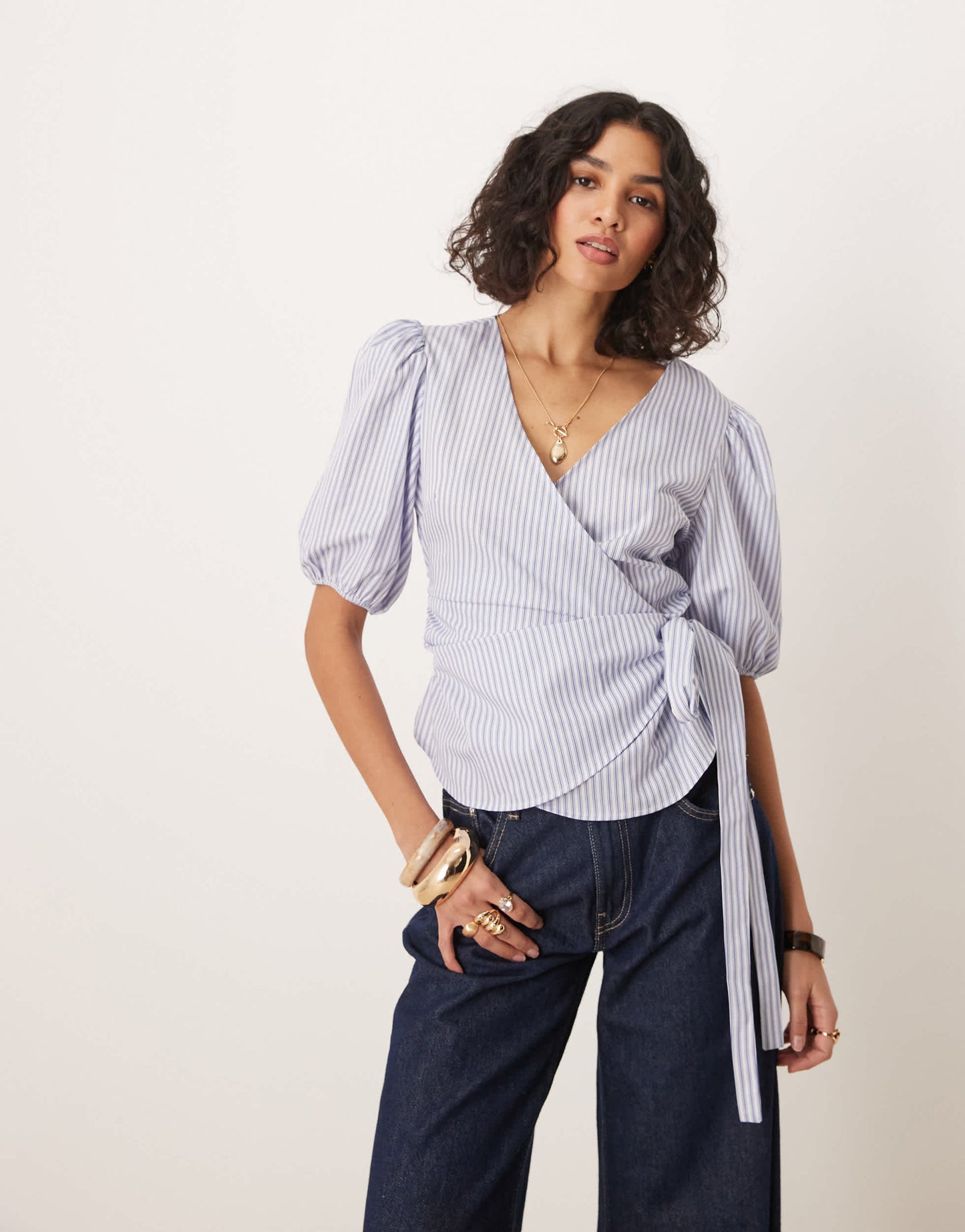 ASOS DESIGN cinched wrap top in blue stripe