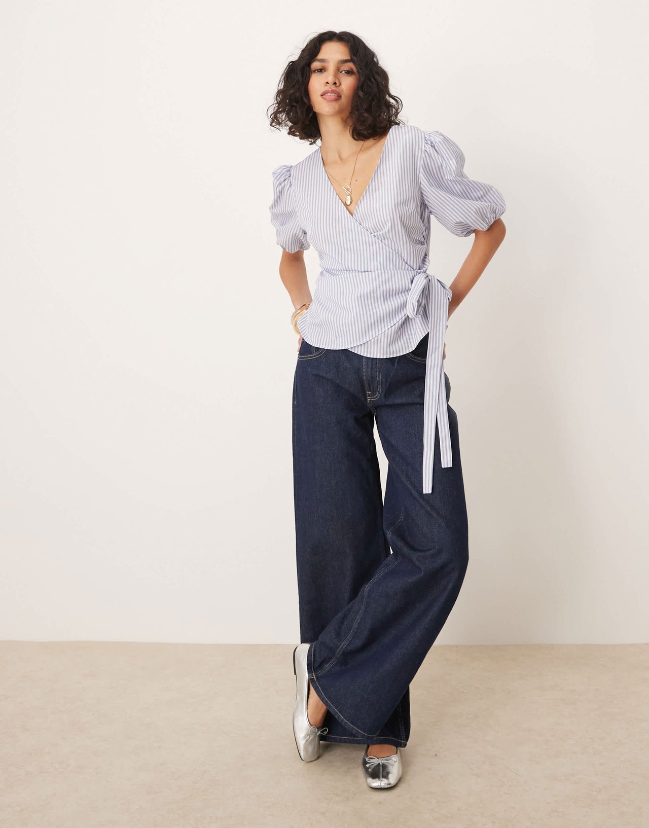 ASOS DESIGN cinched wrap top in blue stripe