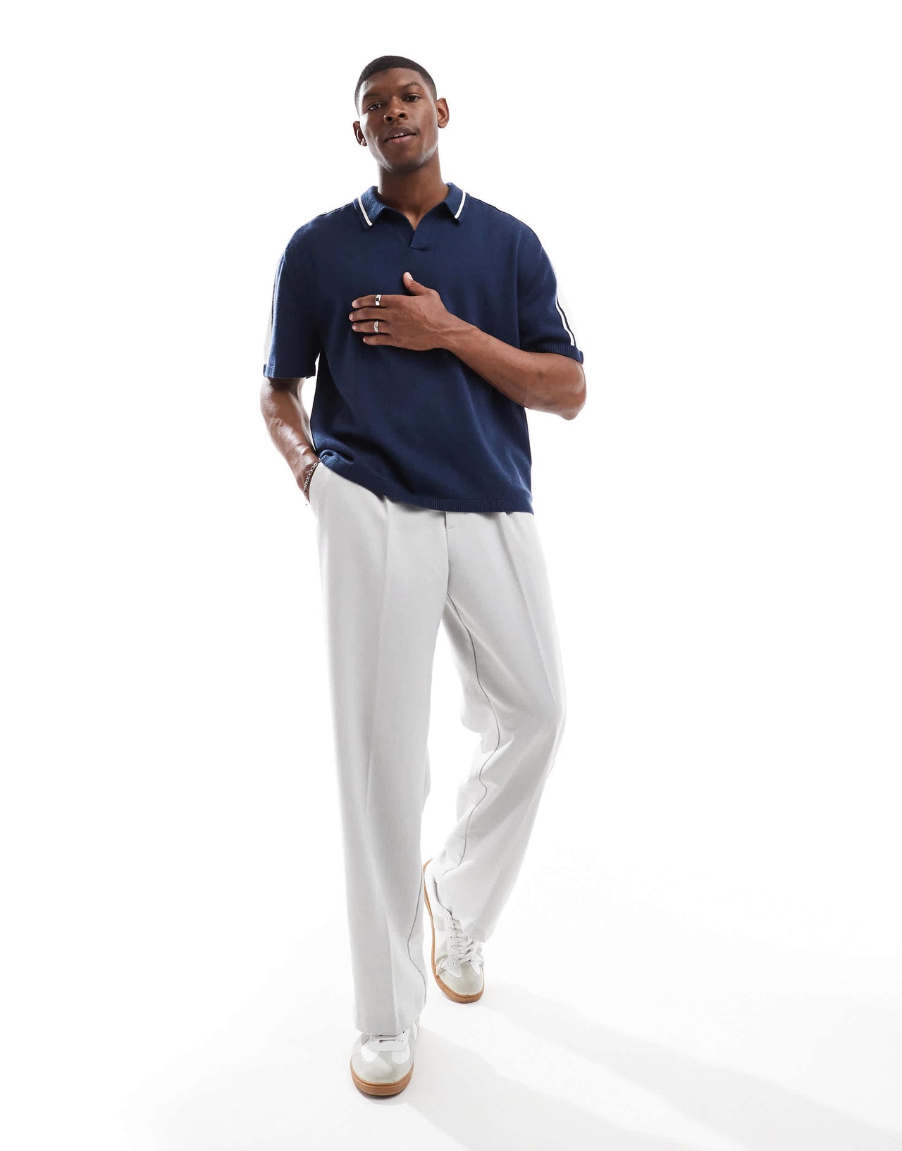 Hollister knitted contrast collar preppy polo top in navy