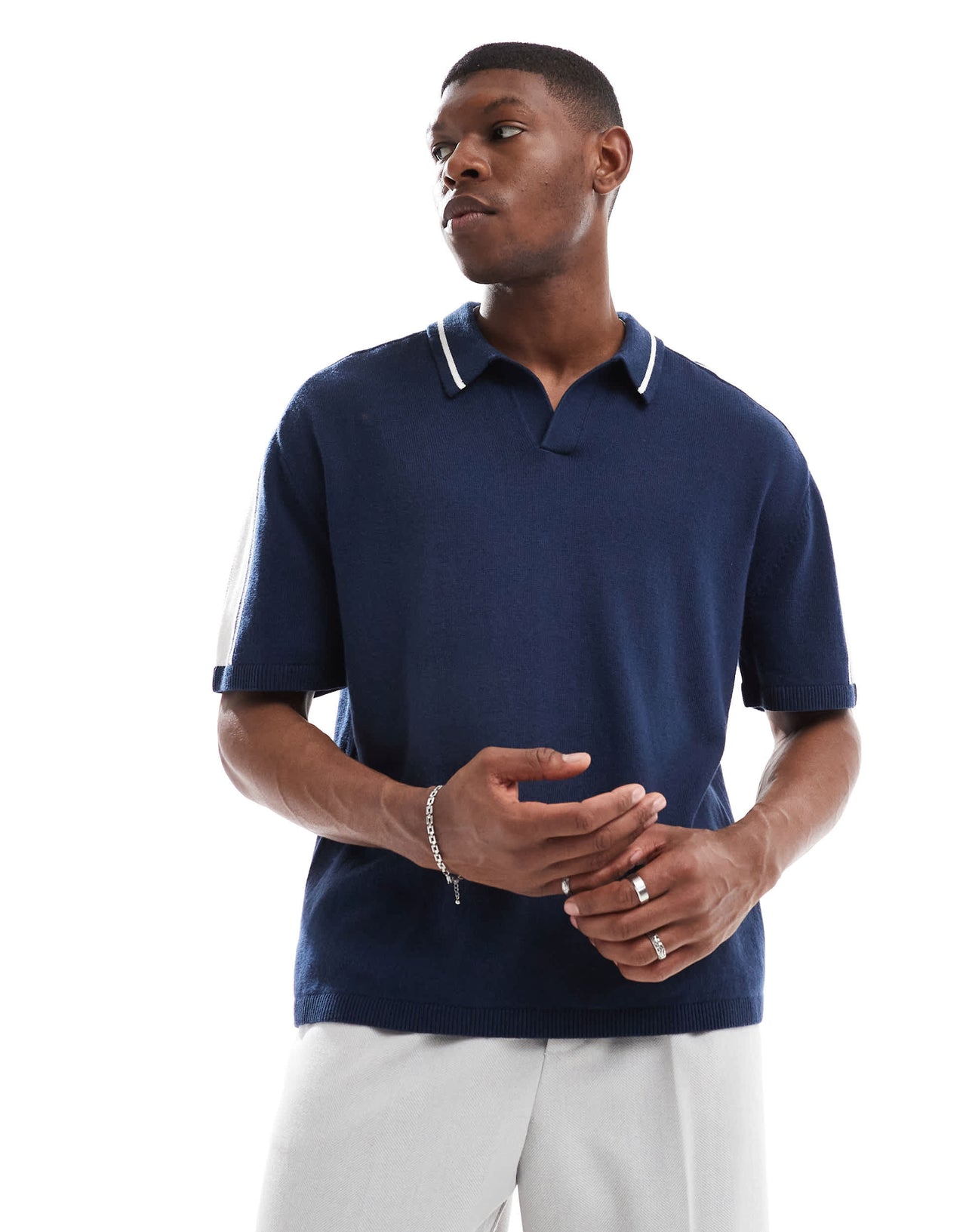 Hollister knitted contrast collar preppy polo top in navy