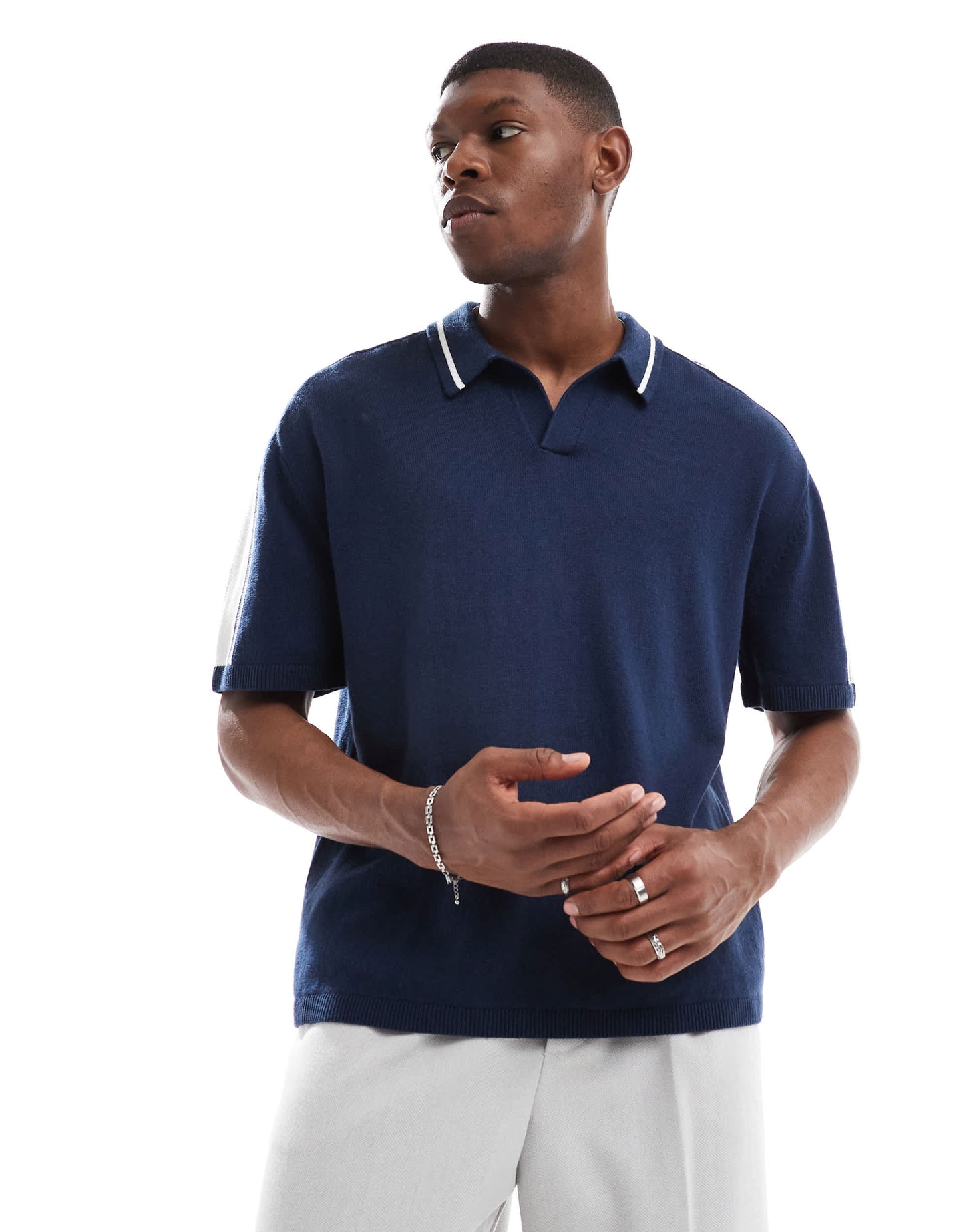 Hollister knitted contrast collar preppy polo top in navy