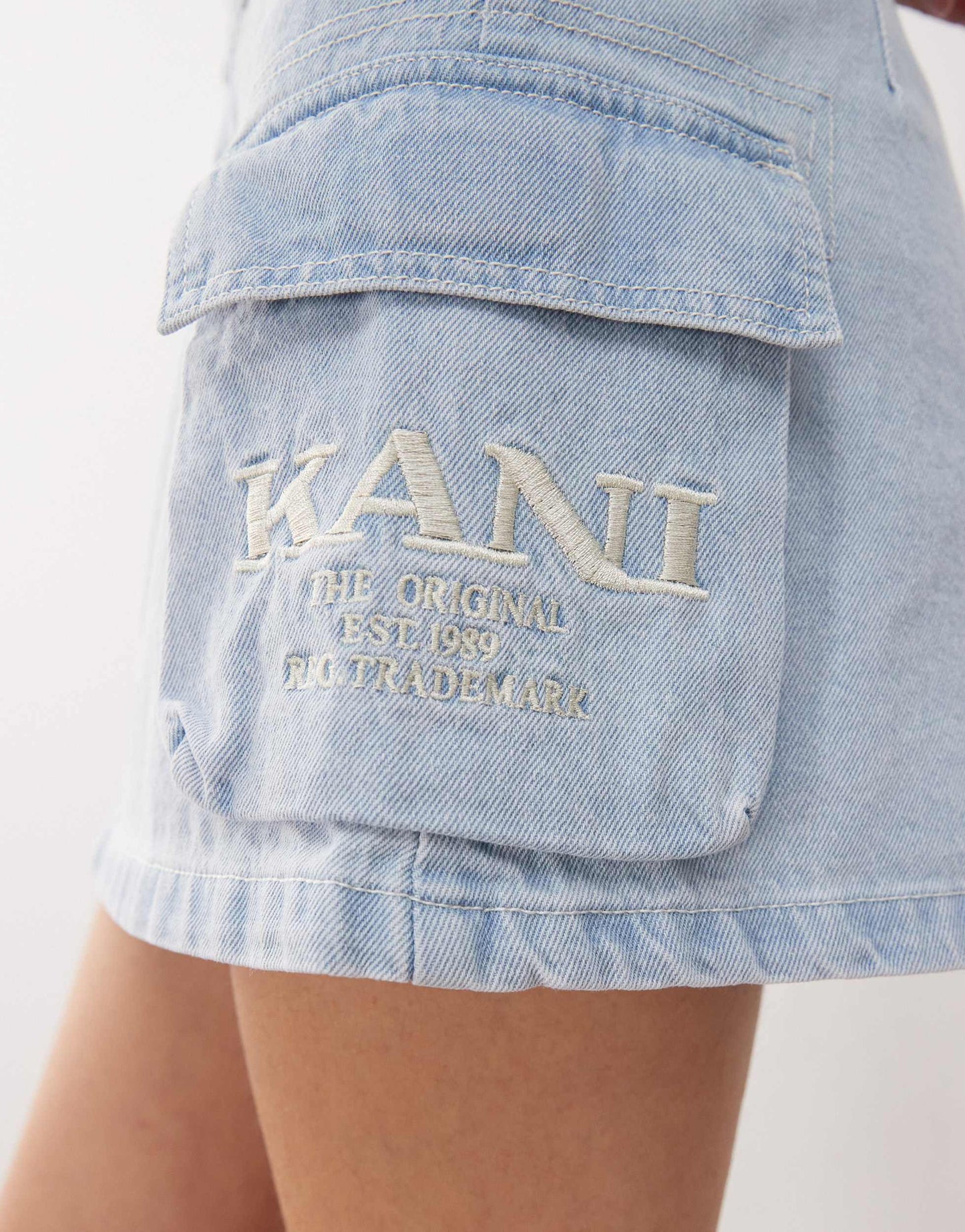 Karl Kani retro denim cargo skirt in bleached wash blue