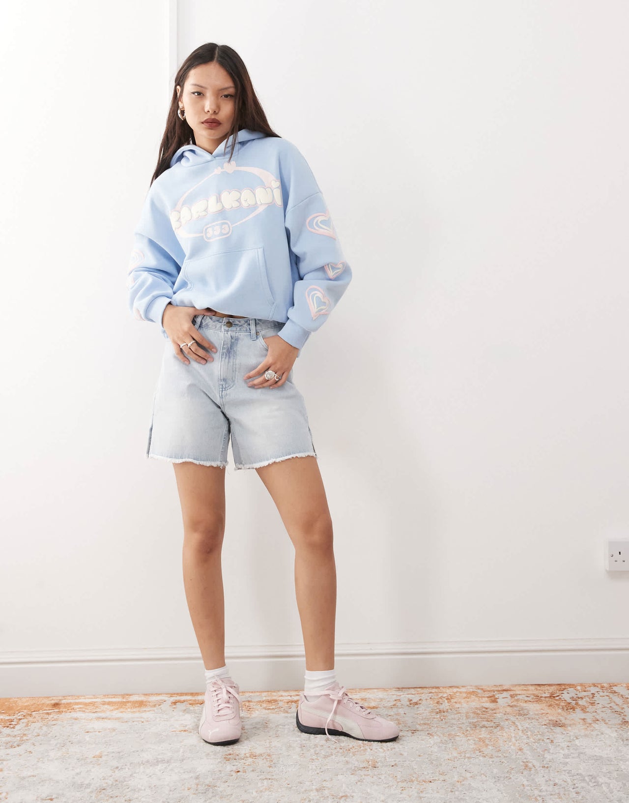 Karl Kani OG slit denim shorts in light wash blue