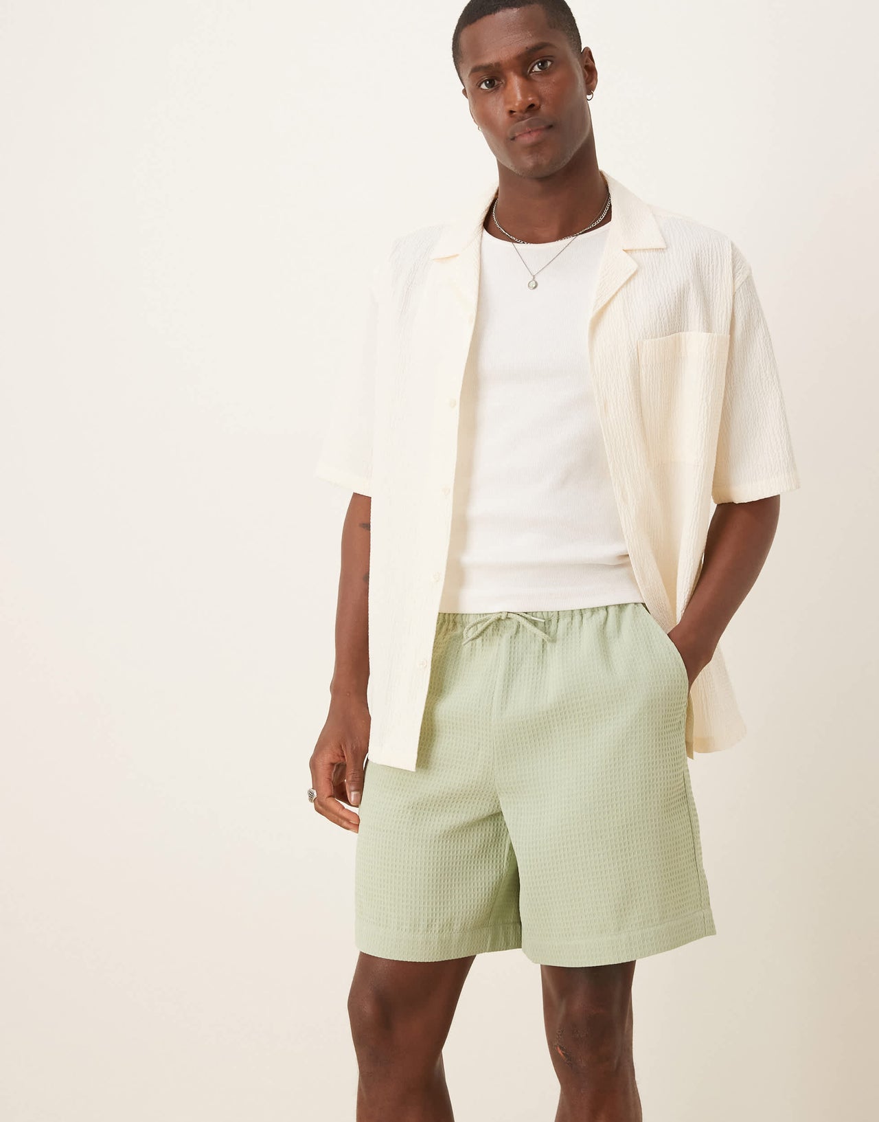 ASOS DESIGN mid length waffle short in green