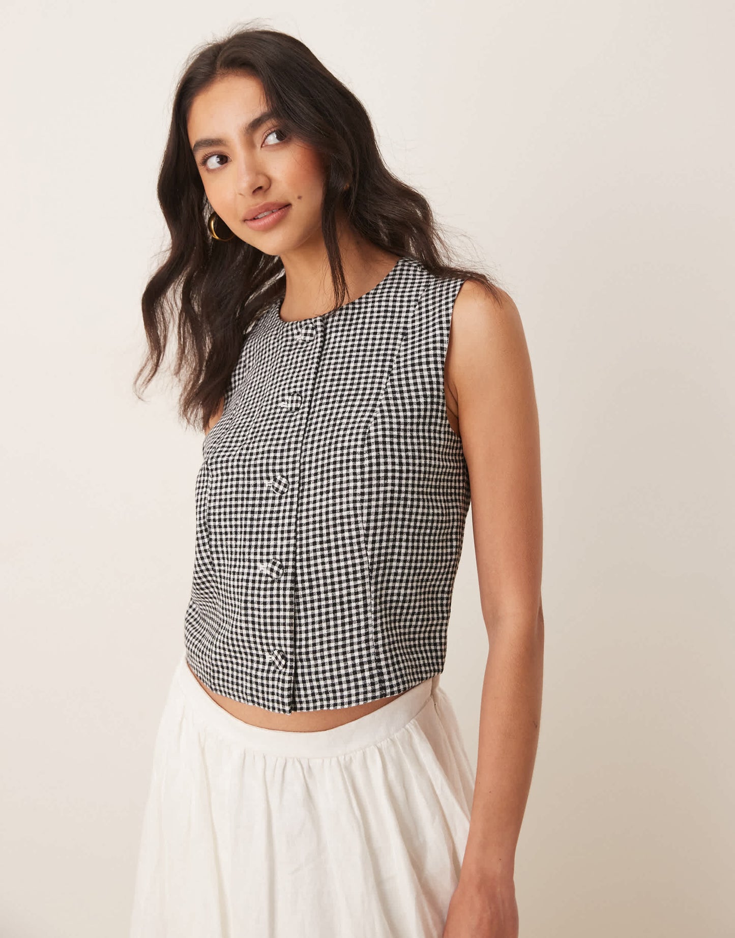 Abercrombie & Fitch linen high neck cropped vest in black gingham