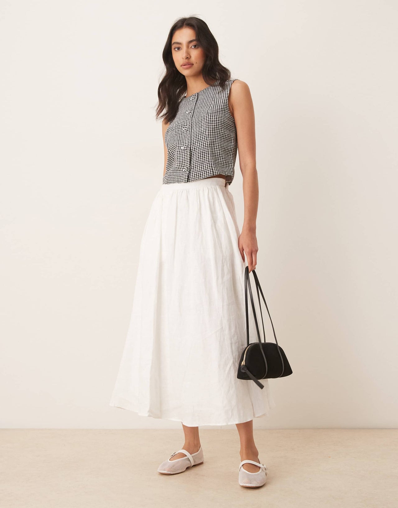 Abercrombie & Fitch linen high neck cropped vest in black gingham