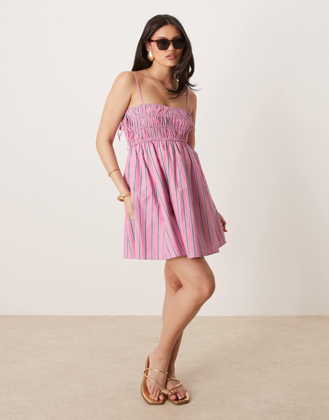 Abercrombie & Fitch babydoll smocked poplin maxi dress in pink and blue stripes