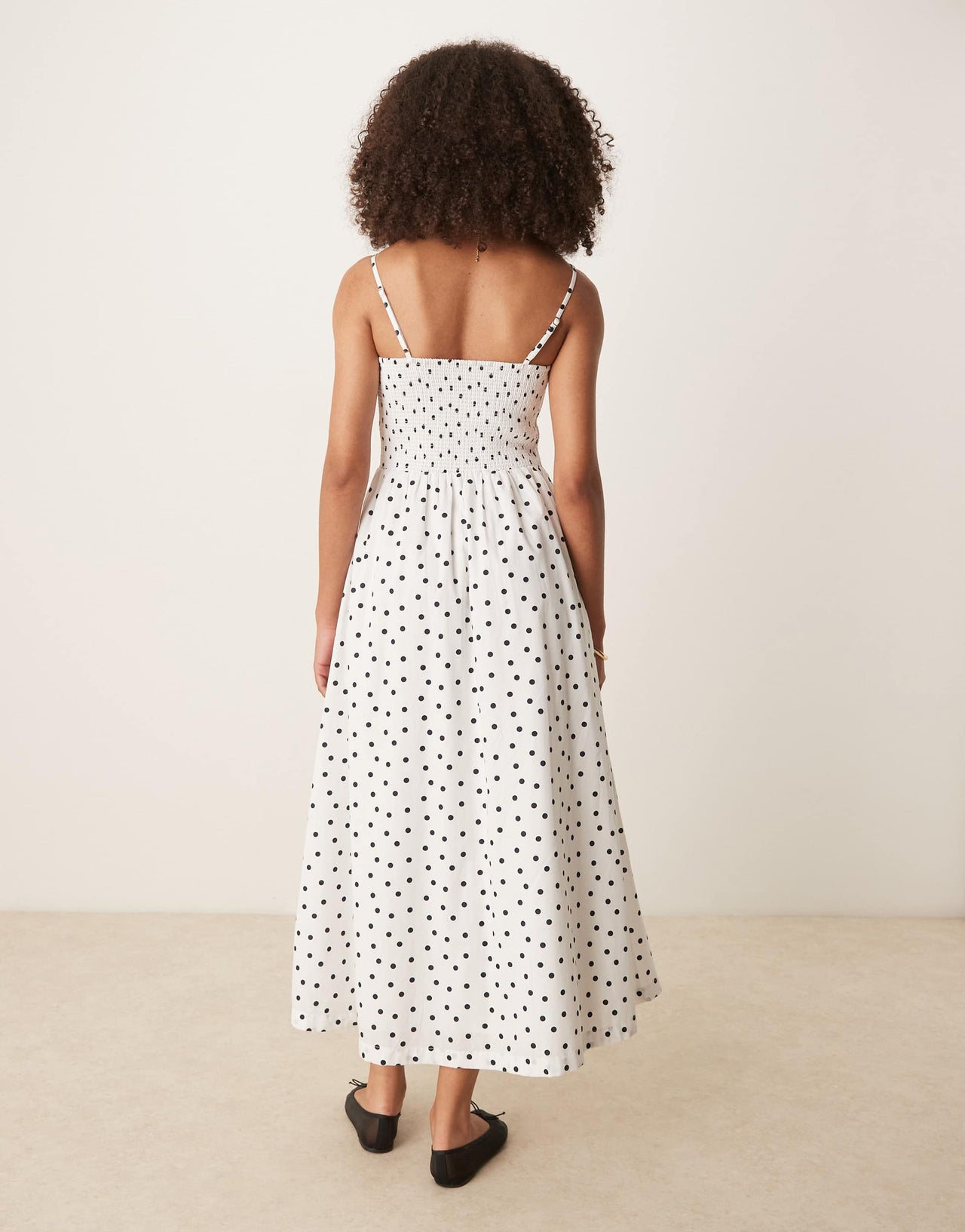 Abercrombie & Fitch dipped waist smocked poplin midi dress in polka dot