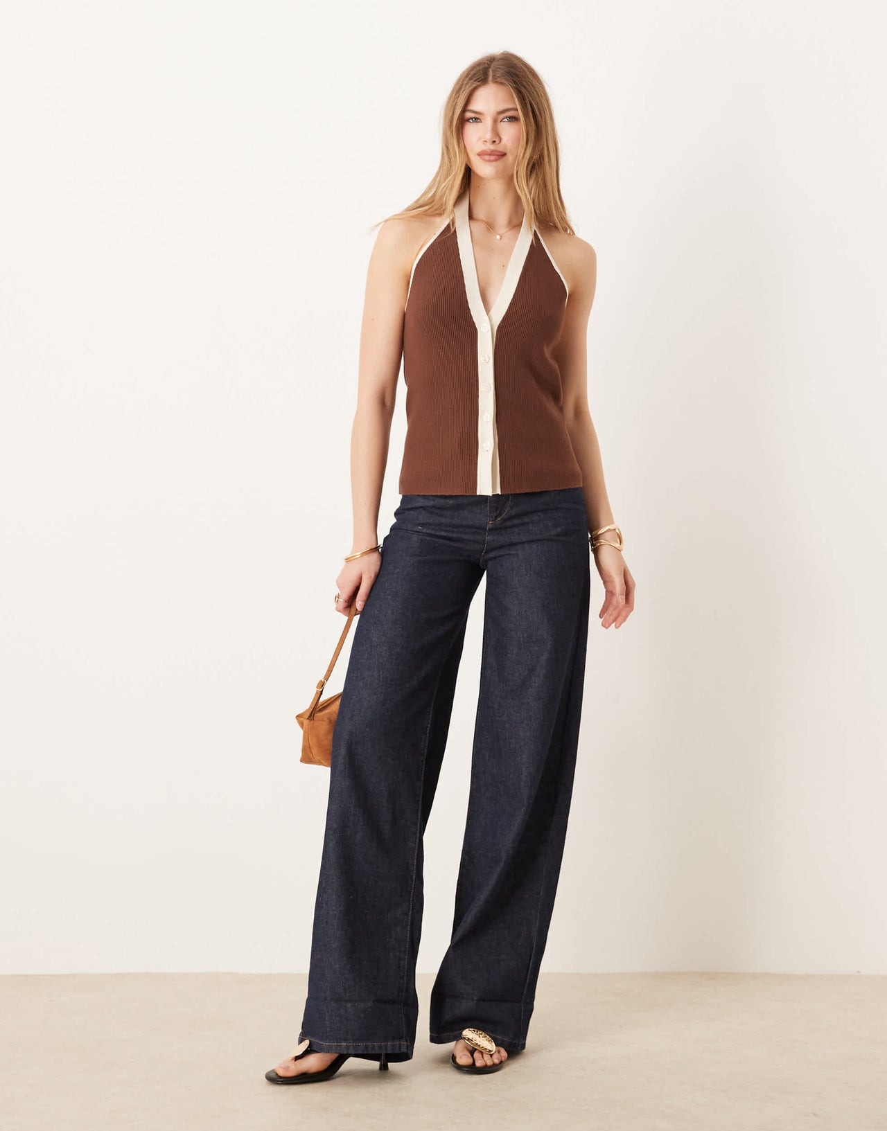 Abercrombie & Fitch ribbed halter neck vest in brown and cream