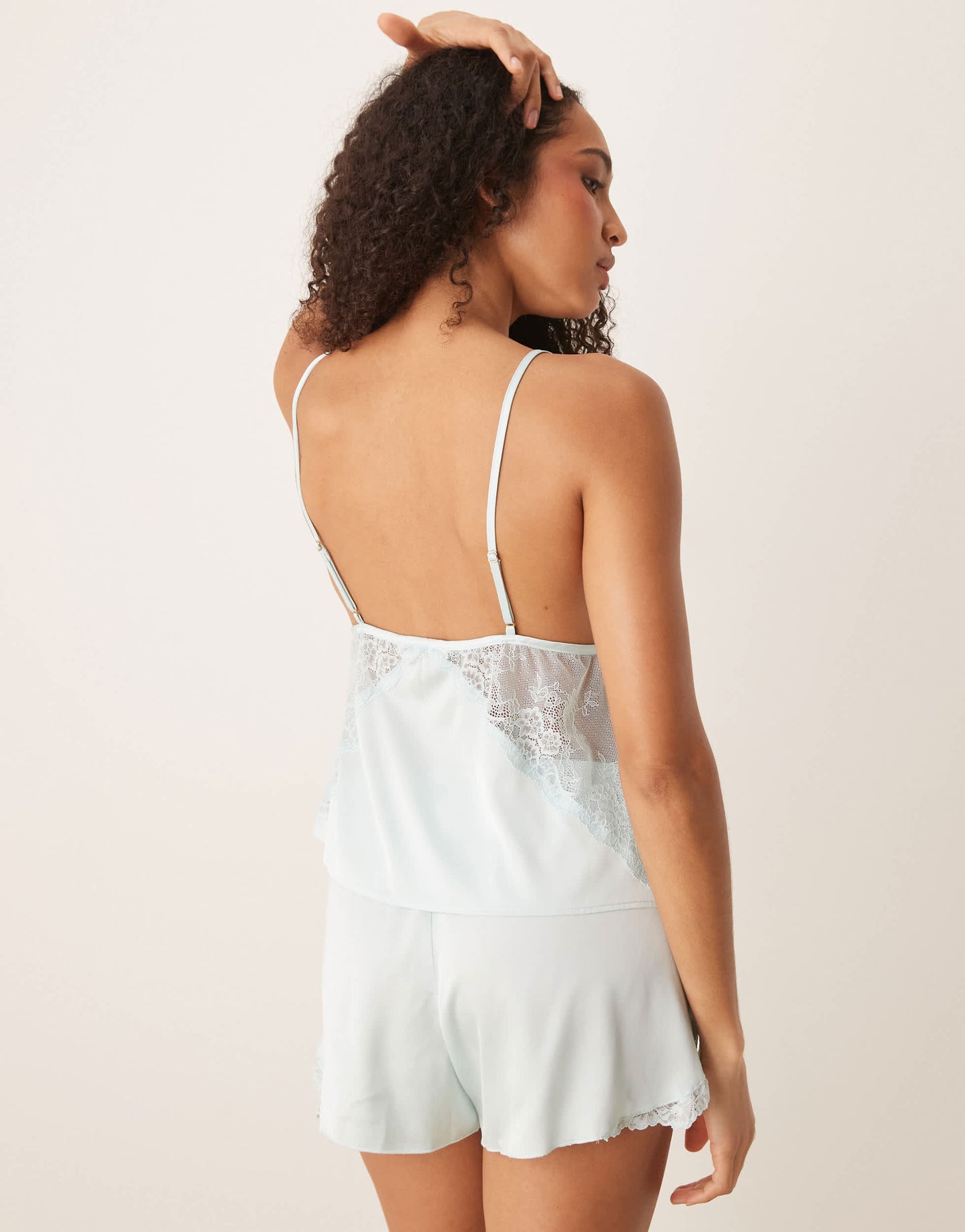 Abercrombie & Fitch nightwear satin lace trim flippy short in blue co-ord