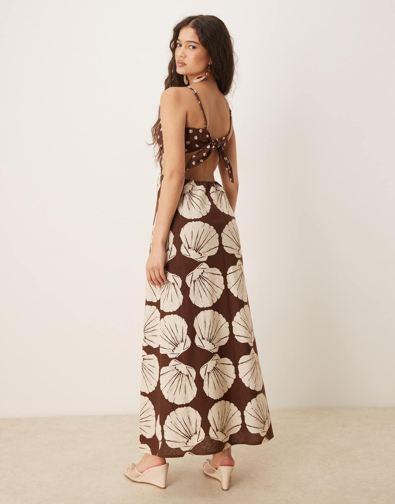 Abercrombie & Fitch spaghetti strap cutout slip maxi linen dress in brown print