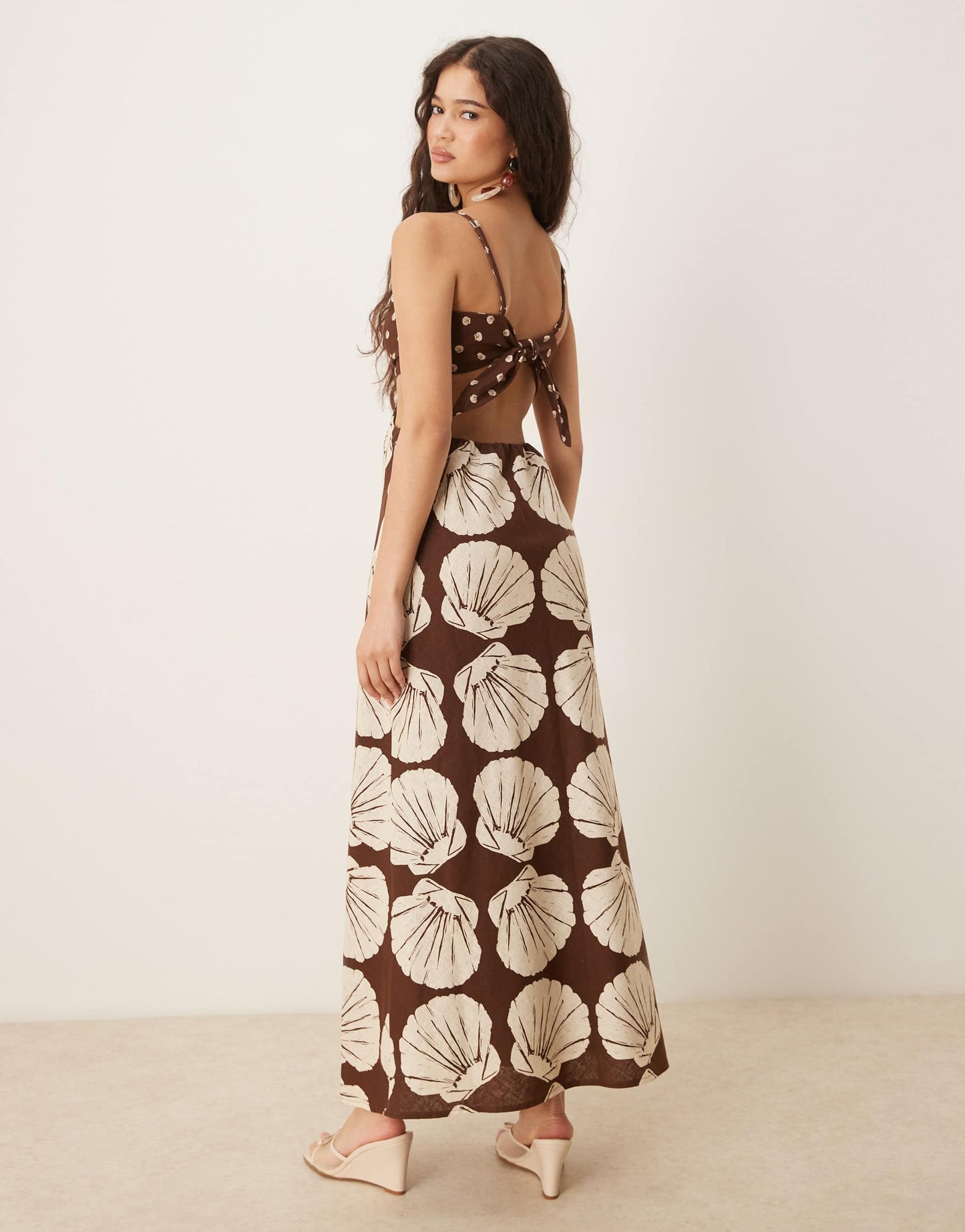 Abercrombie & Fitch spaghetti strap cutout slip maxi linen dress in brown print
