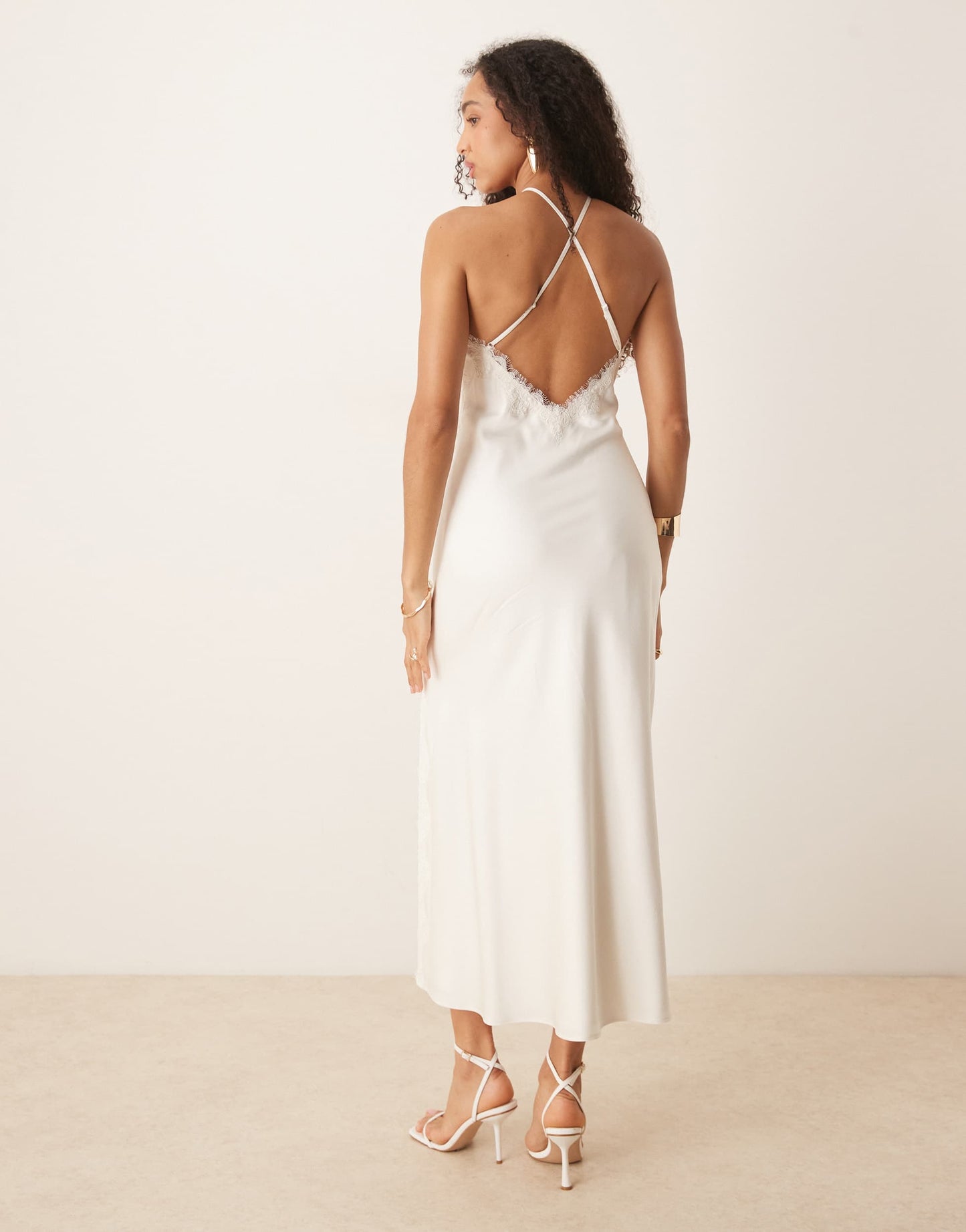 Abercrombie & Fitch satin lace trim halter neck midi dress in white