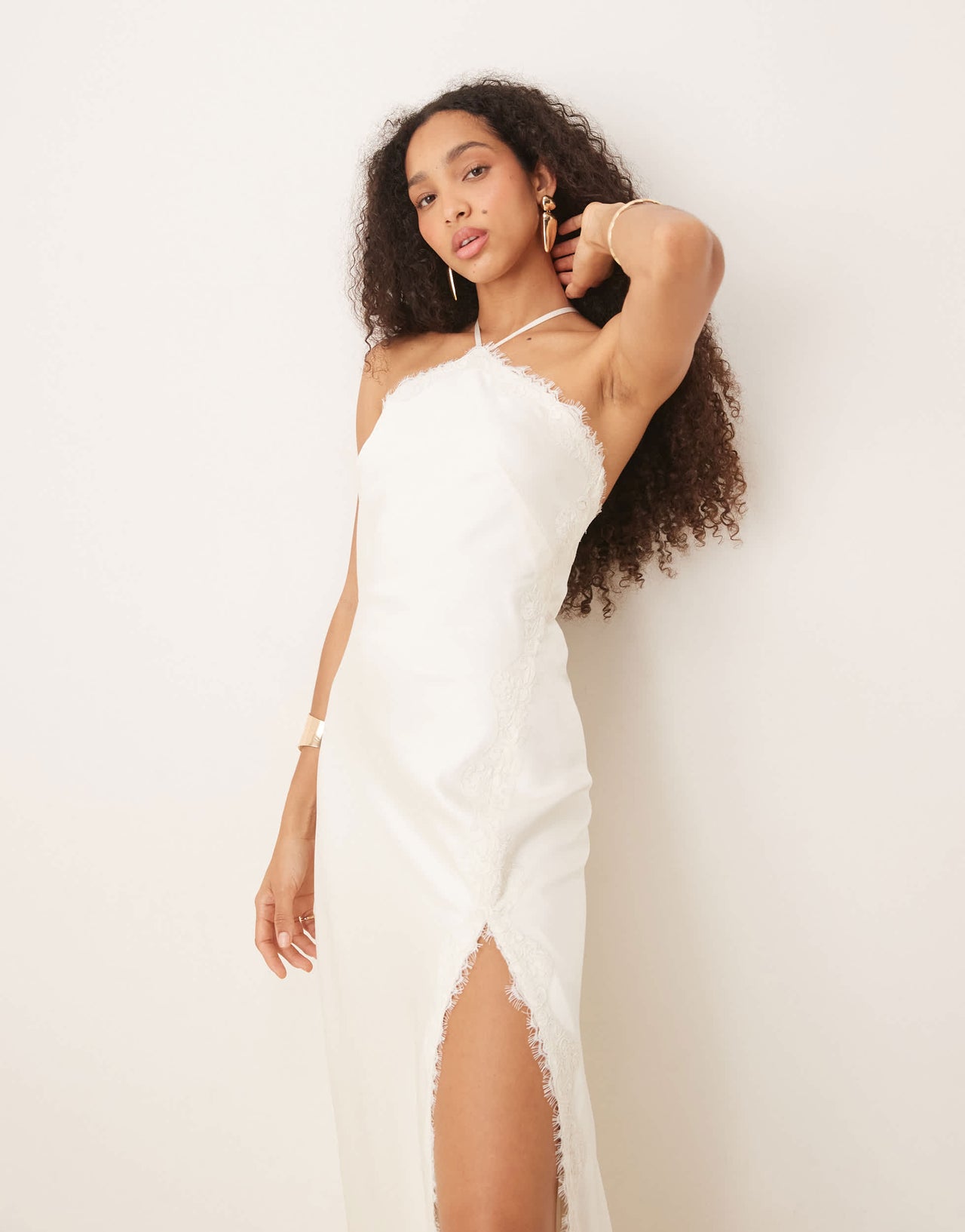 Abercrombie & Fitch satin lace trim halter neck midi dress in white