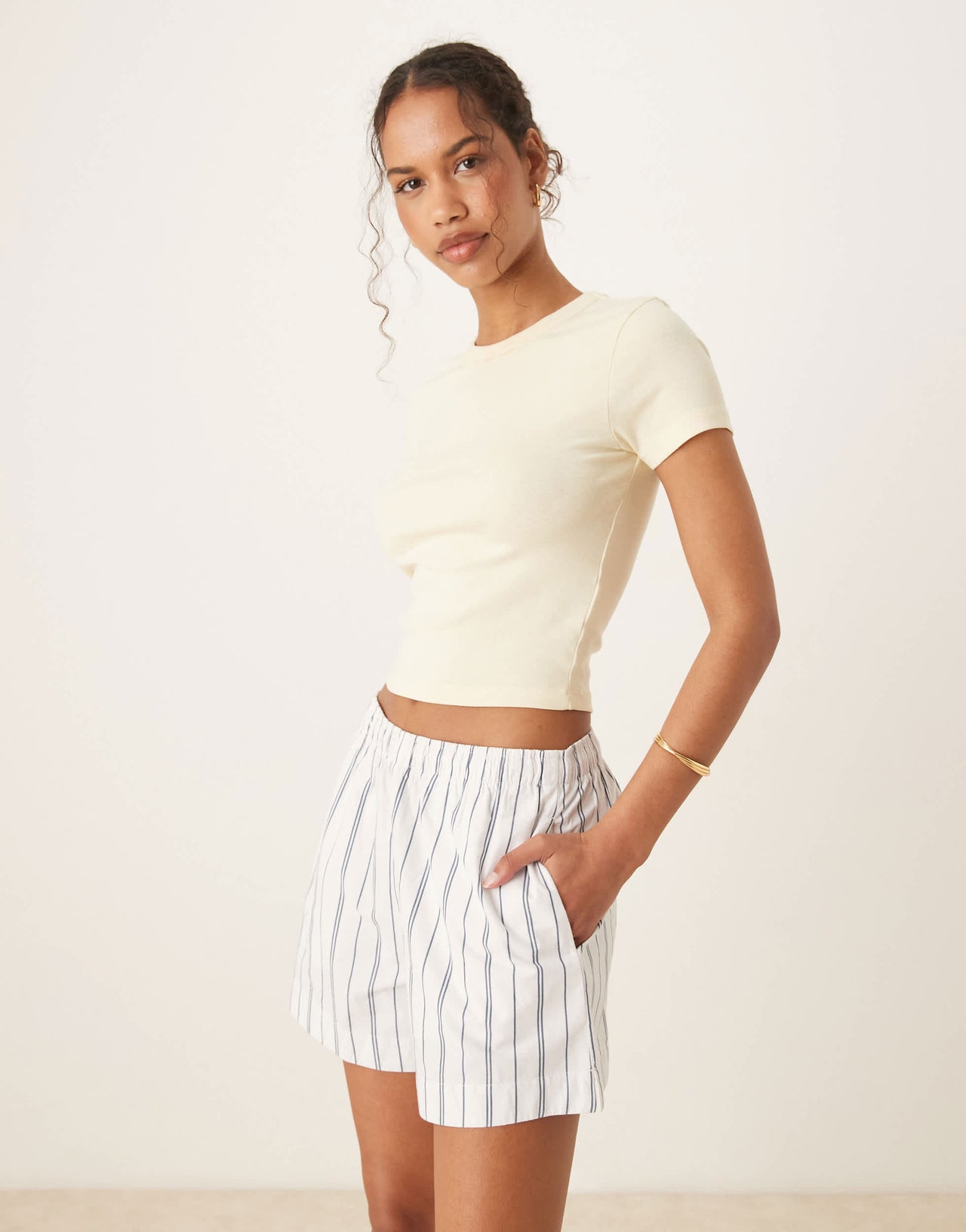 Abercrombie & Fitch tie waist poplin shorts in blue stripe
