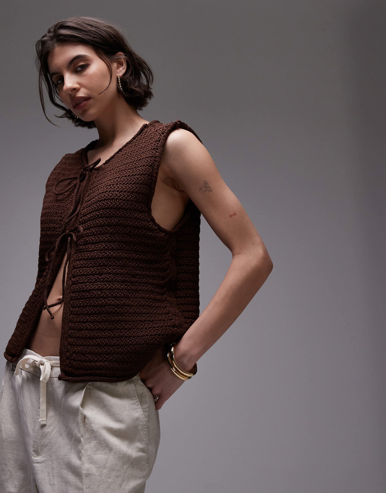 Topshop knitted tie front waistcoat in brown