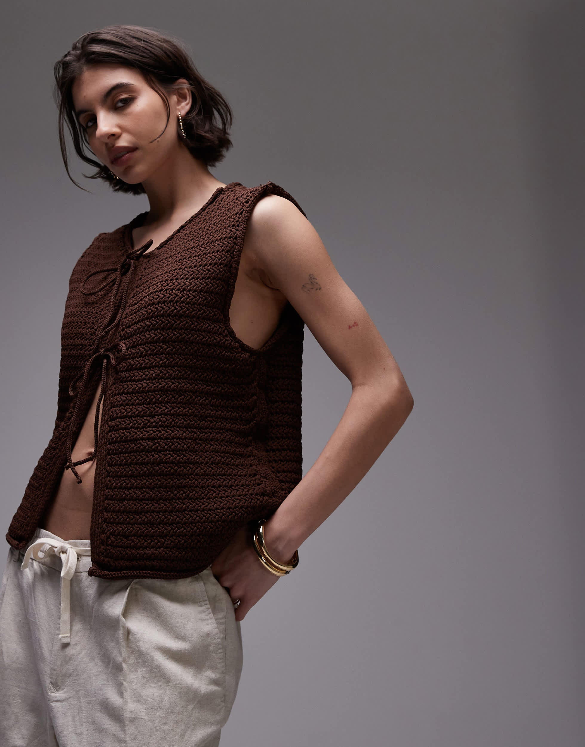 Topshop knitted tie front waistcoat in brown