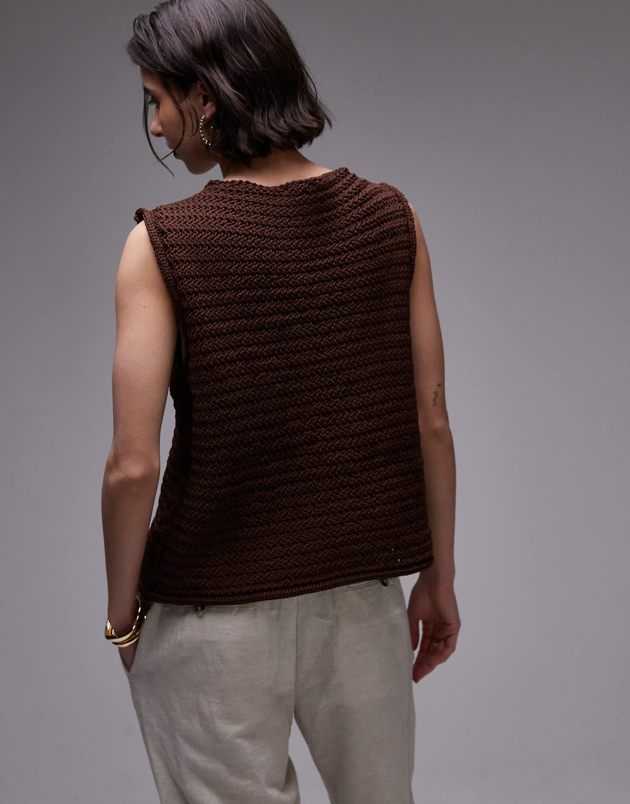 Topshop knitted tie front waistcoat in brown