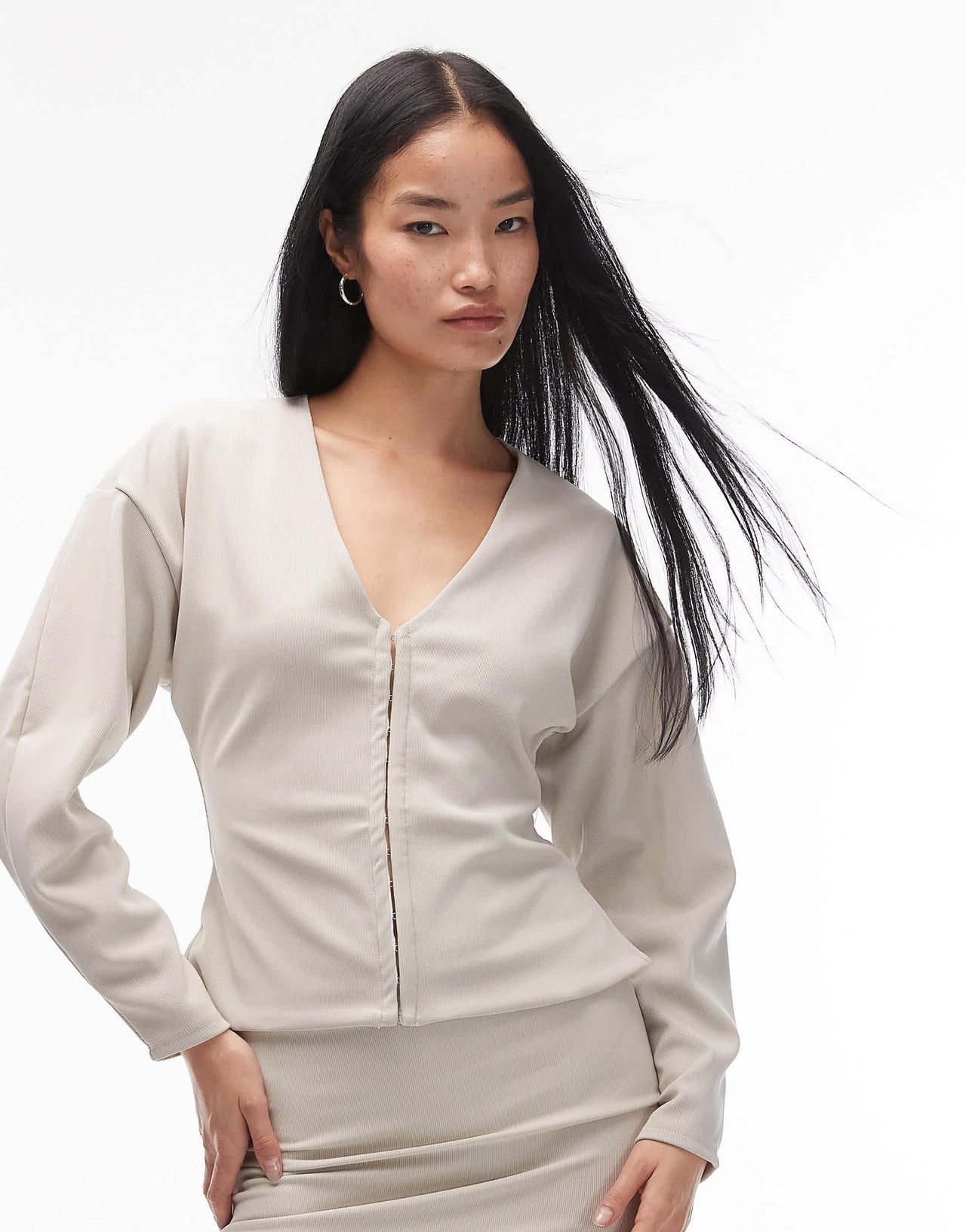 ASOS DESIGN co-ord ribbed balloon sleeve structured top in stone