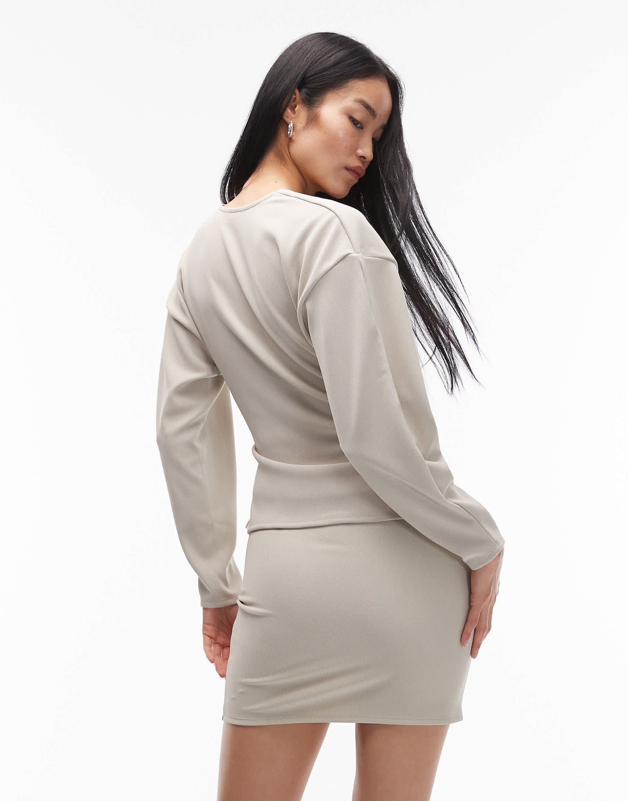 ASOS DESIGN co-ord ribbed balloon sleeve structured top in stone
