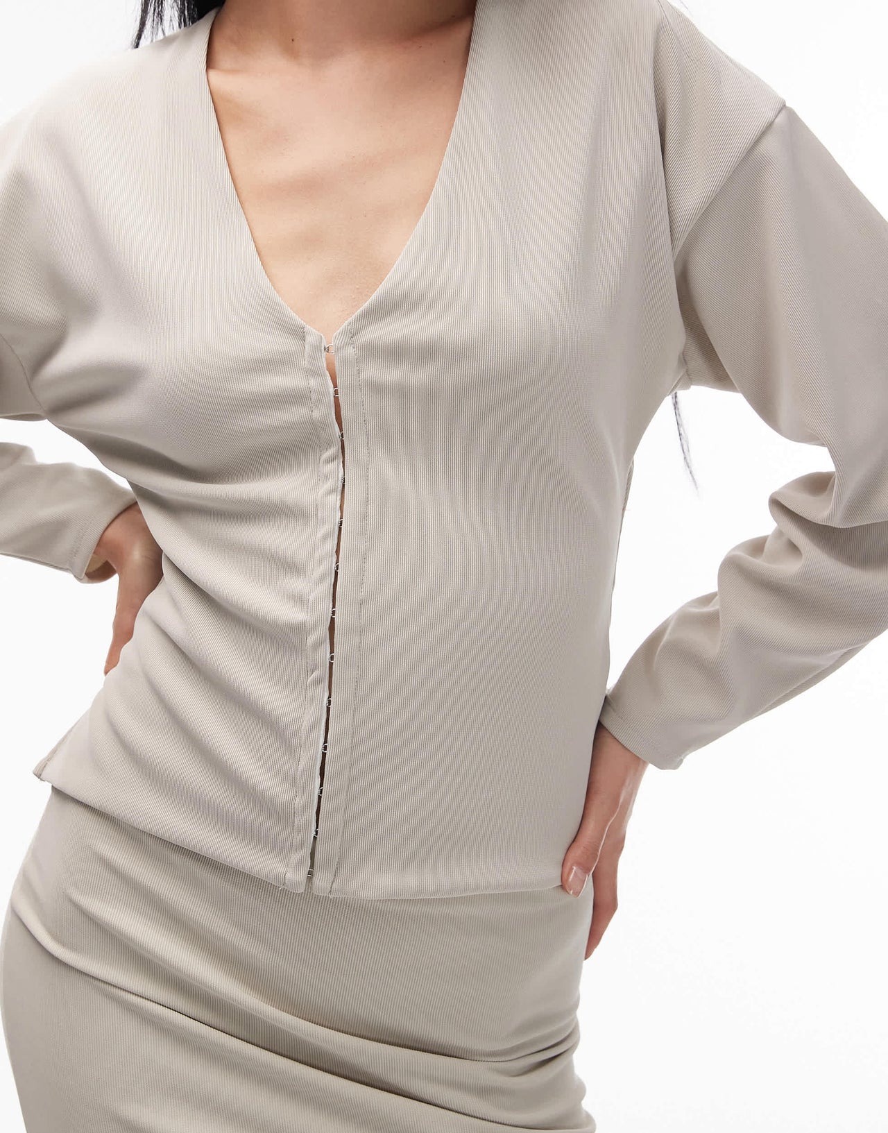 ASOS DESIGN co-ord ribbed balloon sleeve structured top in stone