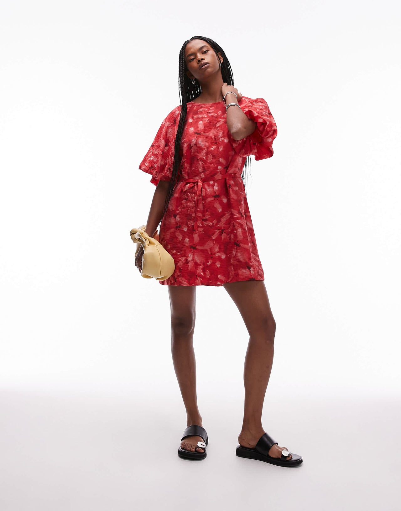 & Other Stories mini round neck dress with puff sleeves and detachable belt in red floral print