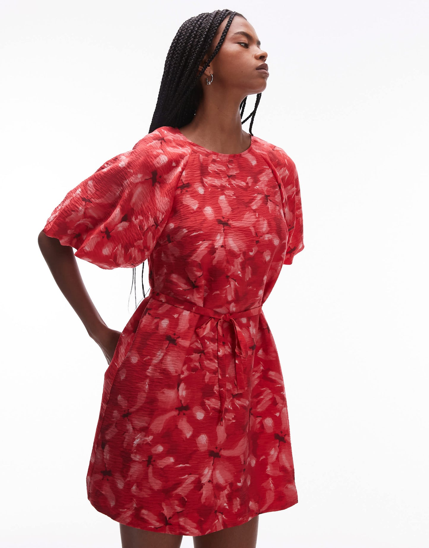 & Other Stories mini round neck dress with puff sleeves and detachable belt in red floral print