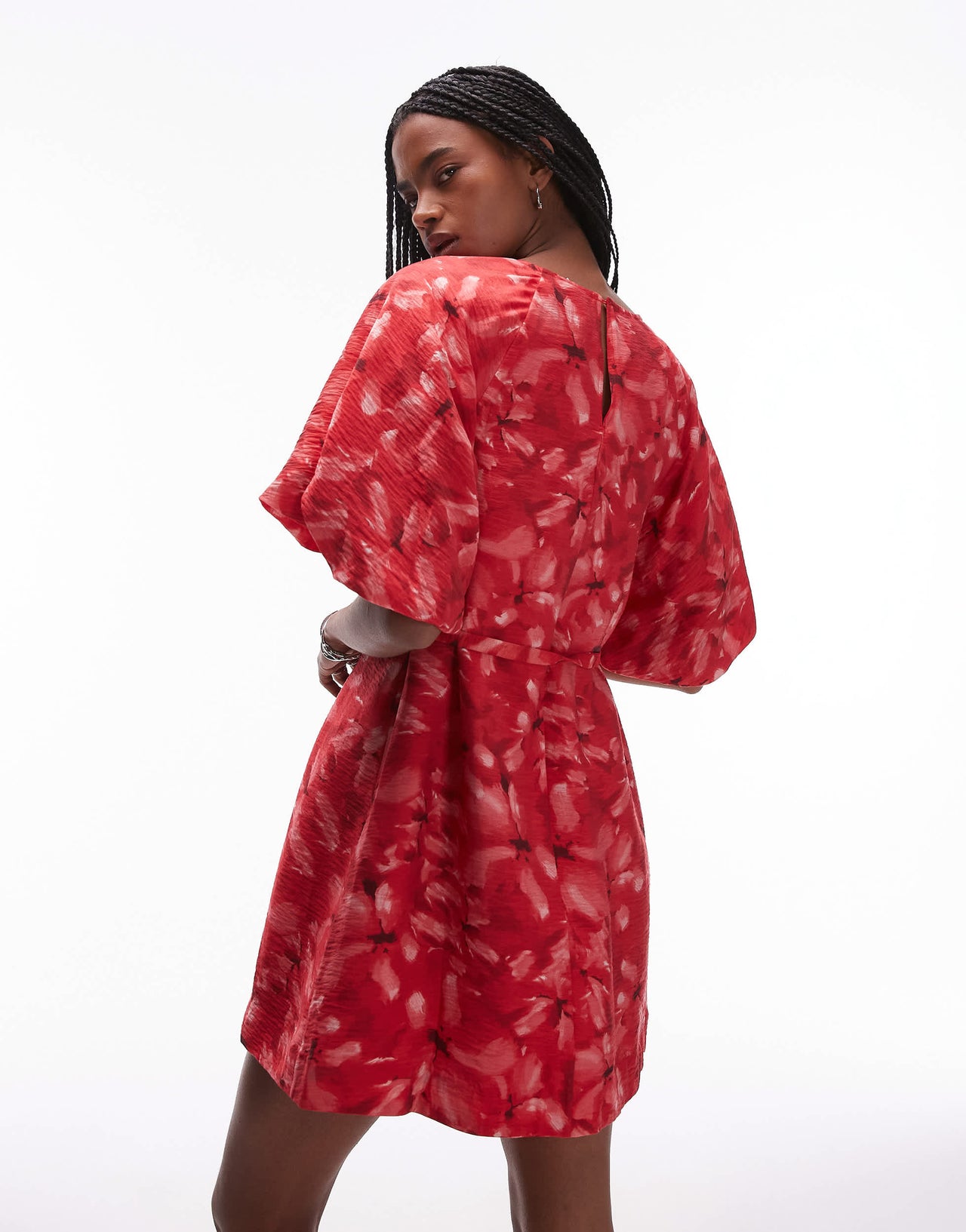 & Other Stories mini round neck dress with puff sleeves and detachable belt in red floral print
